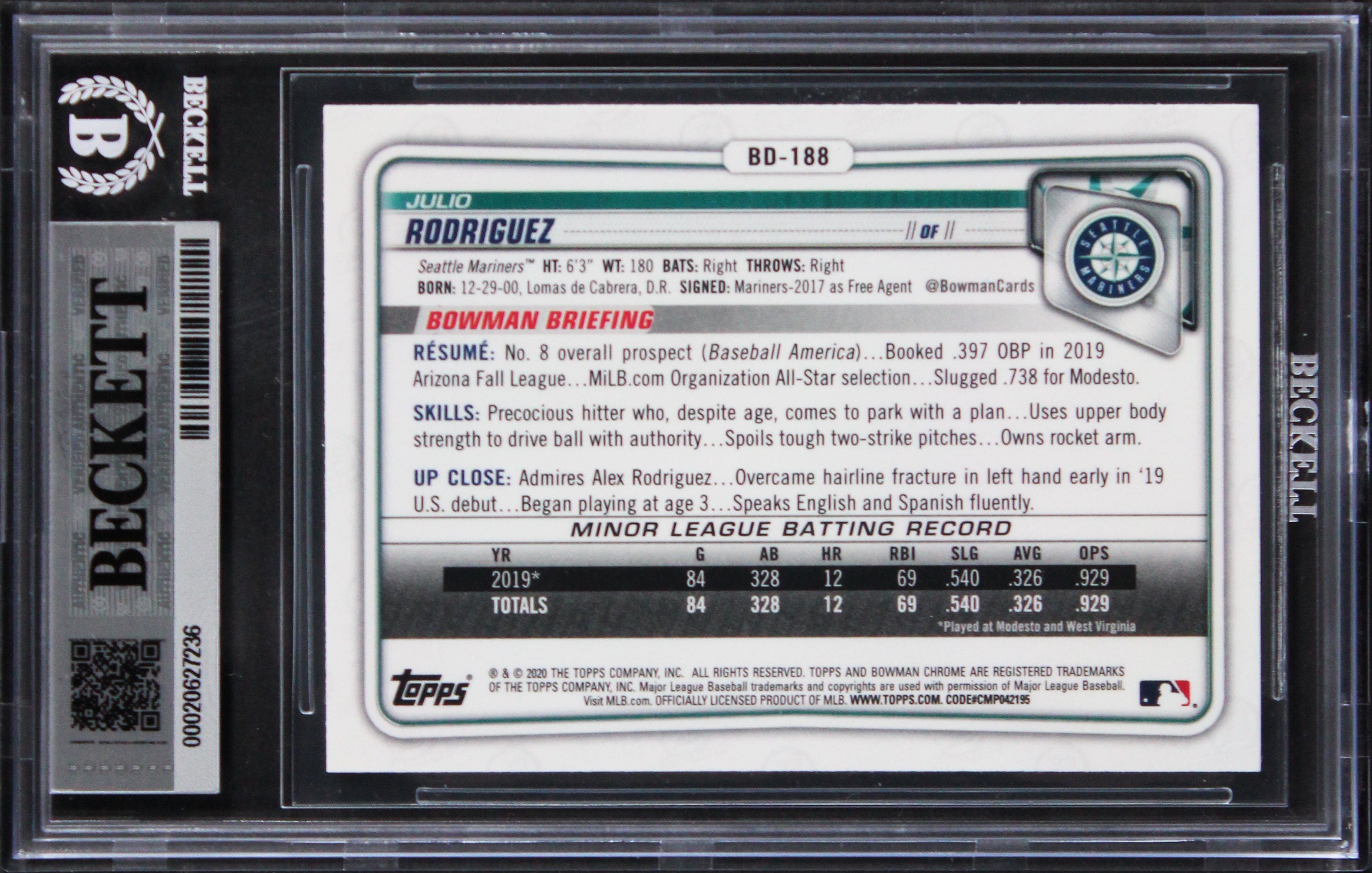 Mariners Julio Rodriguez Signed 2020 Bowman Chrome #BD188 Card Auto 10! BAS Slab