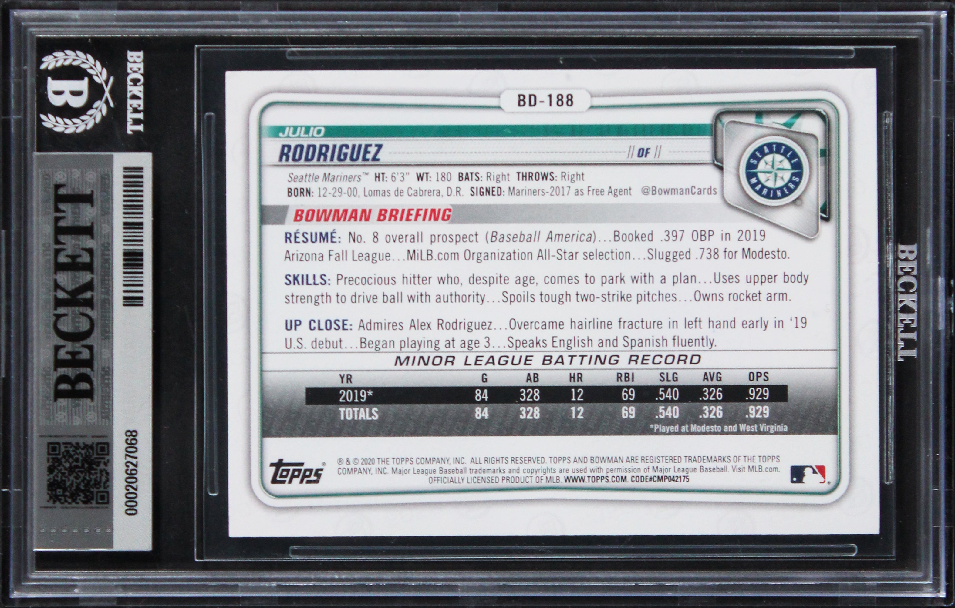 Mariners Julio Rodriguez Signed 2020 Bowman Draft #BD188 Card Auto 10! BAS Slab