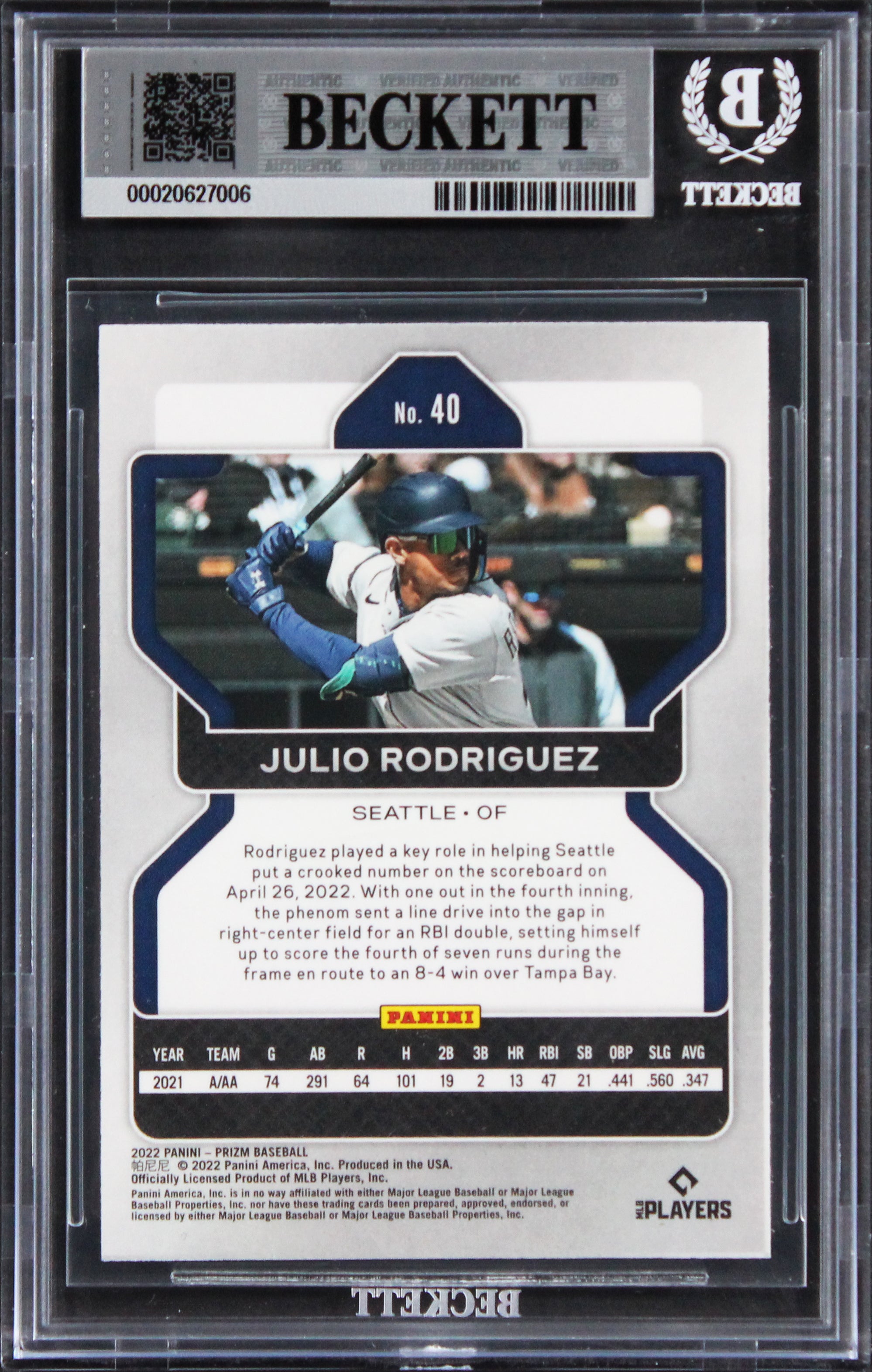Mariners Julio Rodriguez Signed 2022 Panini #40 Rookie Card Auto 10! BAS Slabbed