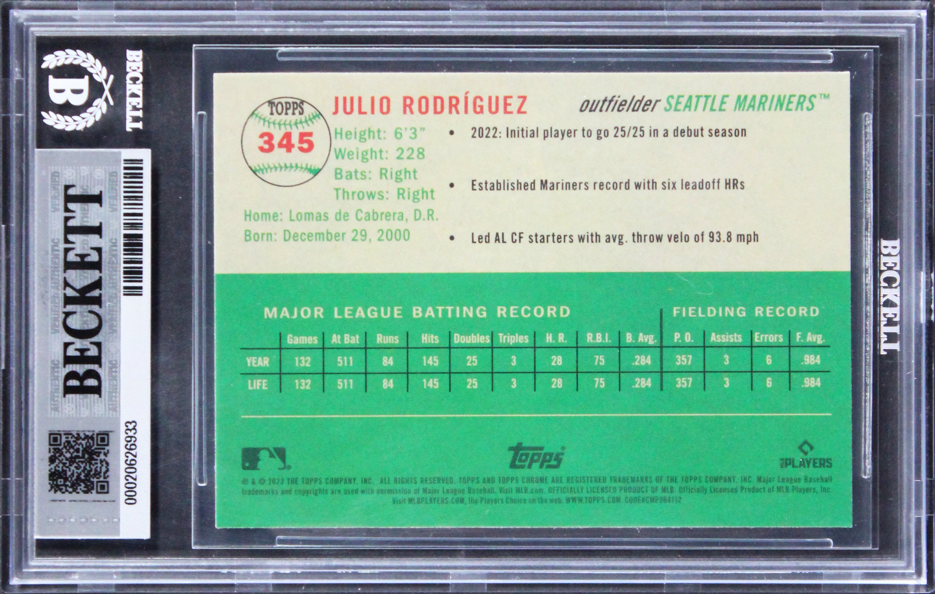 Mariners Julio Rodriguez Signed 2023 Topps Chrome #345 Card Auto 10! BAS Slabbed