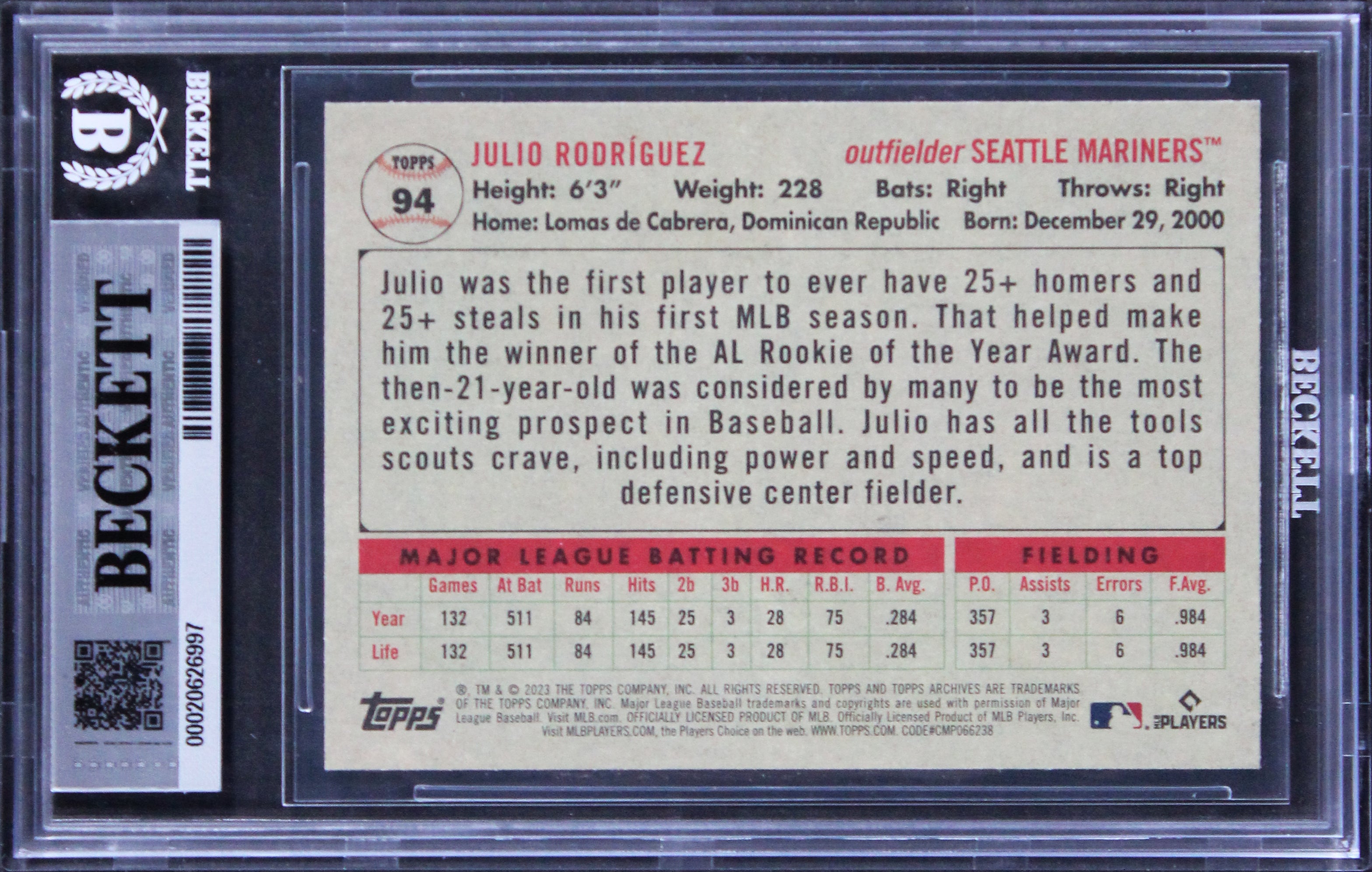 Mariners Julio Rodriguez Signed 2023 Topps Archives #94 Card Auto 10! BAS Slab