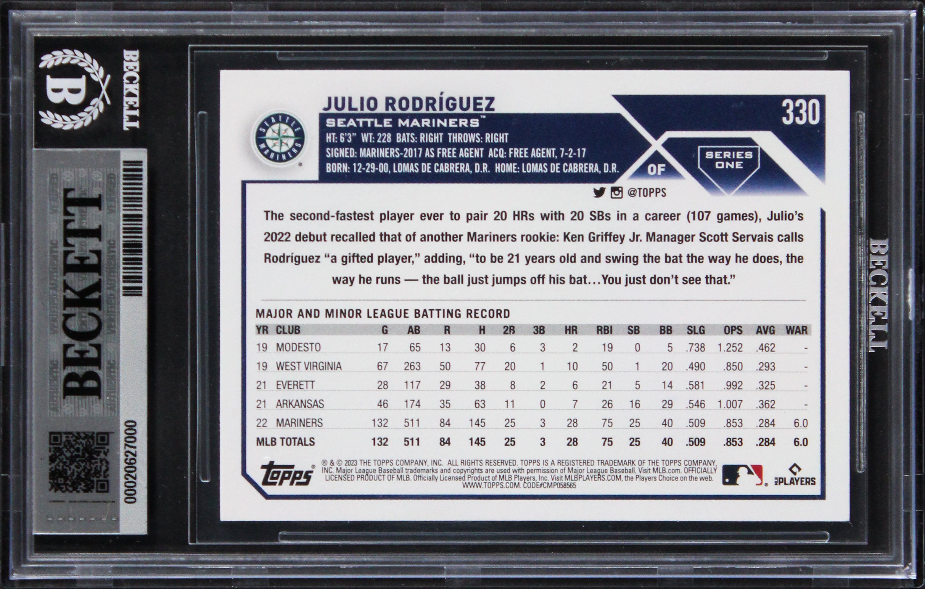 Mariners Julio Rodriguez Signed 2023 Topps #330 Card Auto Grade 10! BAS Slabbed