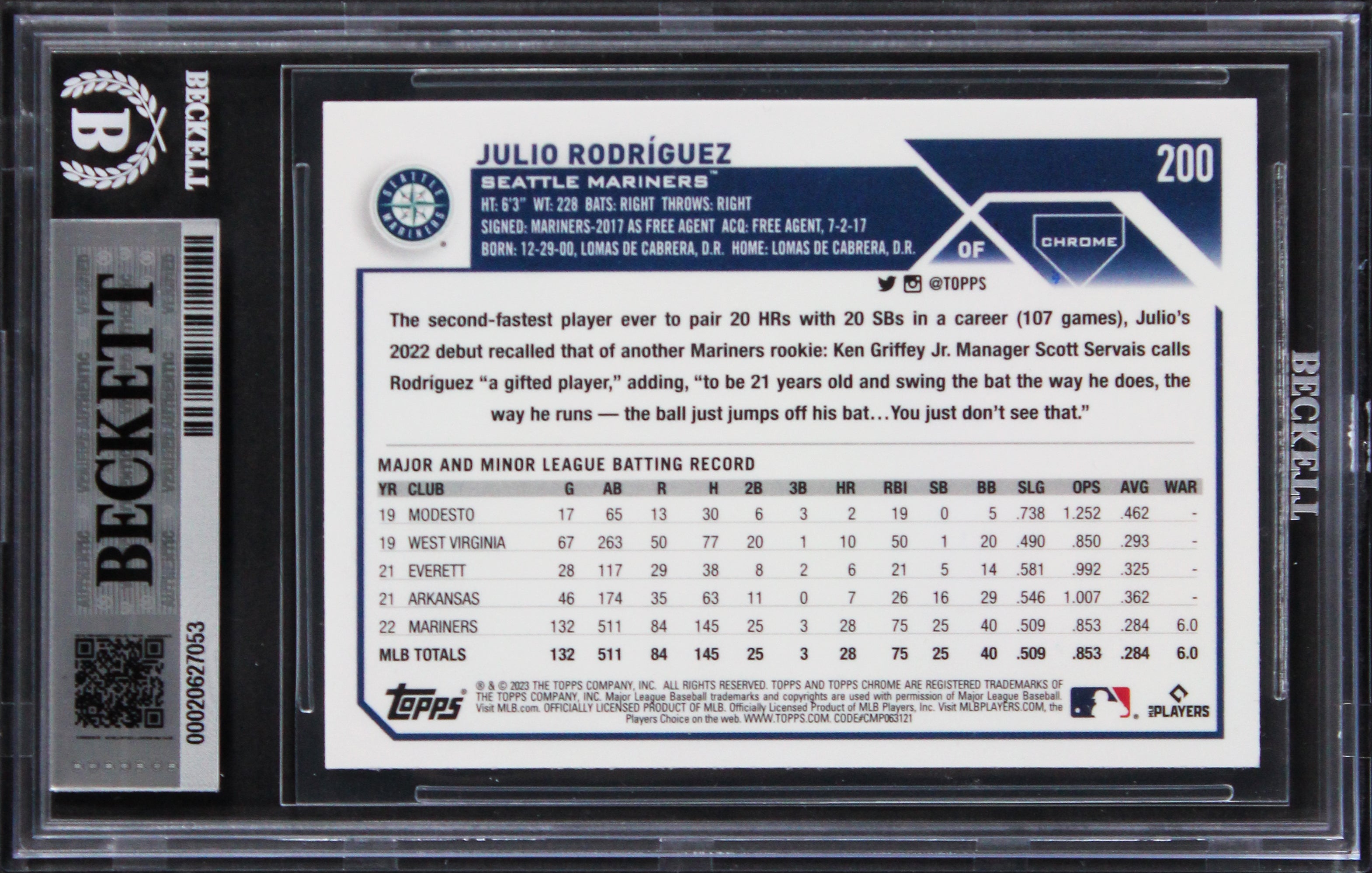 Mariners Julio Rodriguez Signed 2023 Topps Chrome #200 Card Auto 10! BAS Slabbed