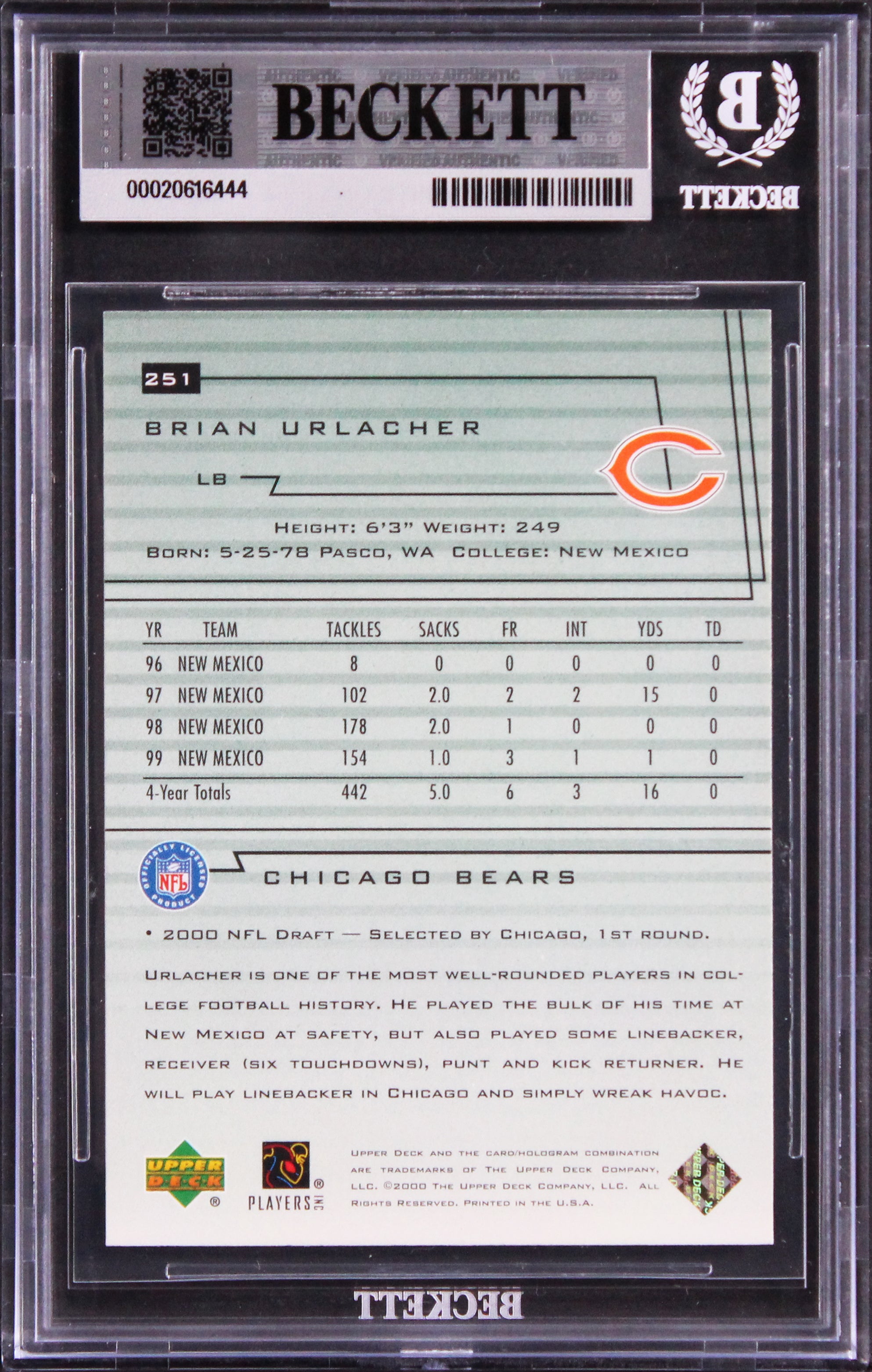 Brian Urlacher "HOF 18" Signed 2000 Upper Deck #251 RC Card Auto 10! BAS Slab