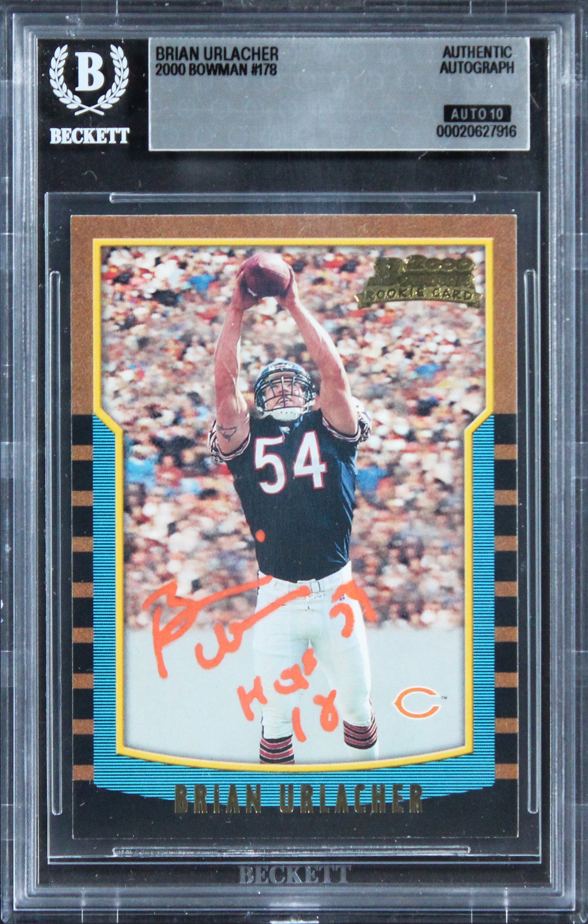Bears Brian Urlacher "HOF 18" Signed 2000 Bowman #178 RC Card Auto 10! BAS Slab