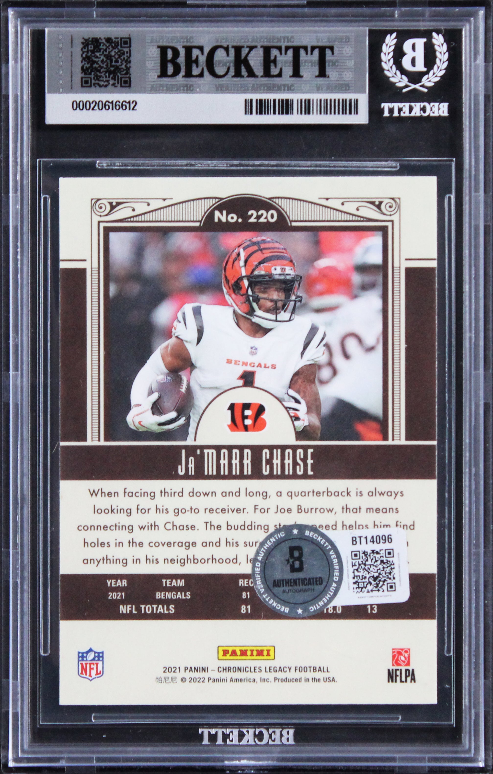Ja'Marr Chase Signed 2021 Chronicles Legacy #220 Rookie Card Auto 10! BAS Slab