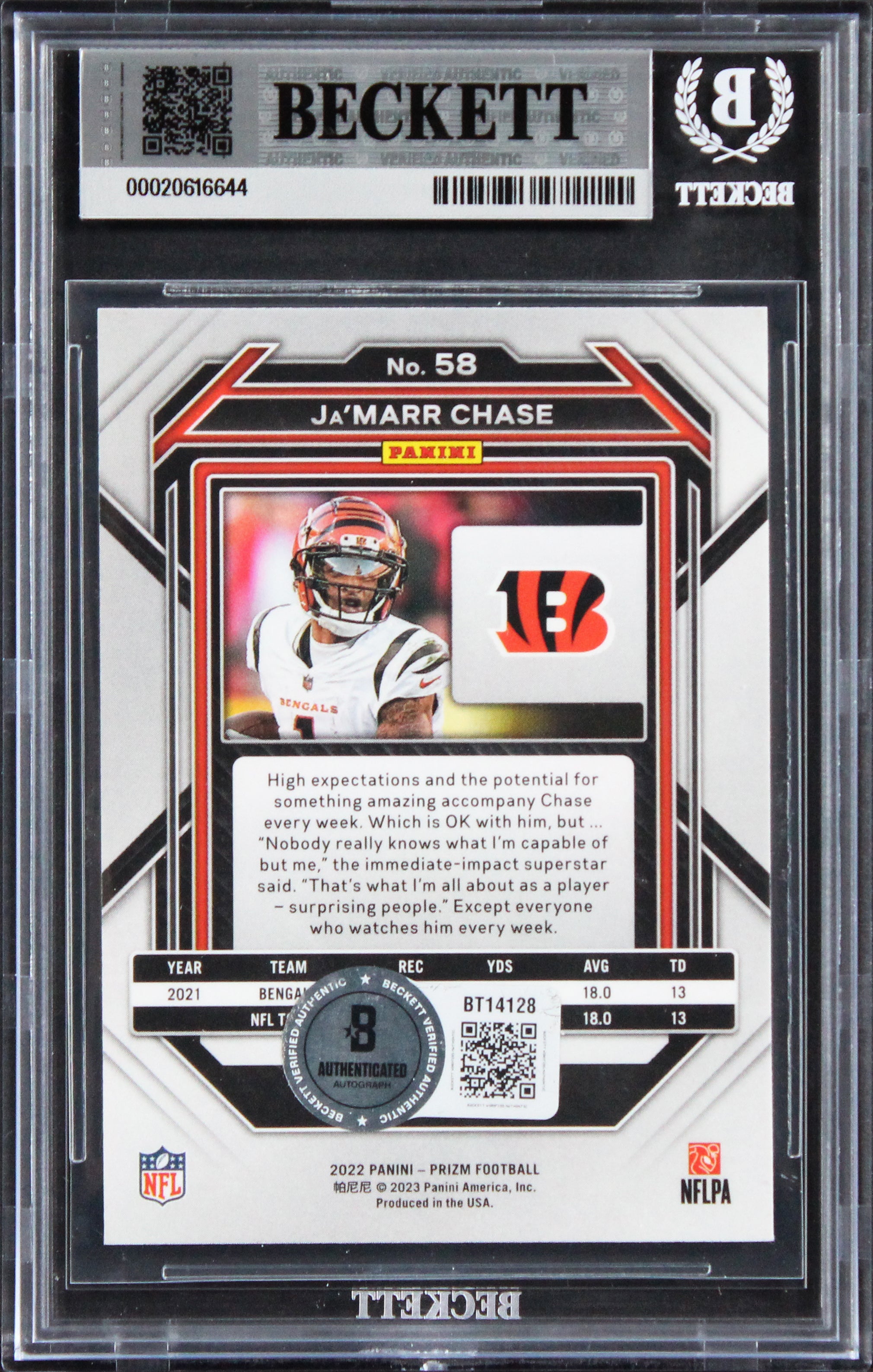 Bengals Ja'Marr Chase Signed 2022 Panini Prizm Silver #58 Card Auto 10! BAS Slab