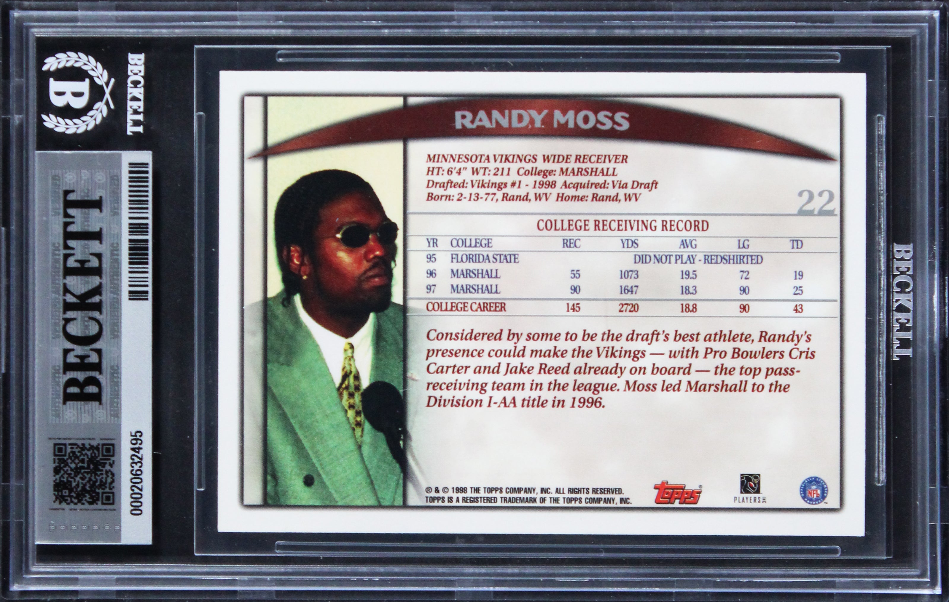 Vikings Randy Moss Signed 1998 Topps Season Opener #22 RC Card Auto 10! BAS Slab