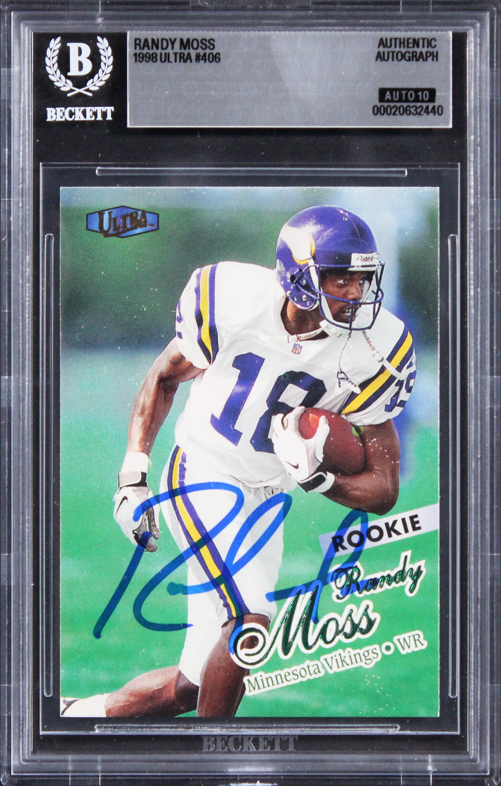 Vikings Randy Moss Signed 1998 Ultra #406 Rookie Card Auto Grade 10! BAS Slabbed