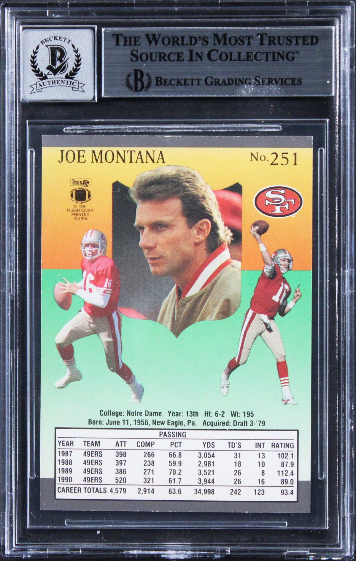49ers Joe Montana Signed 1991 Ultra #251 Card Auto Grade Gem Mint 10 BAS Slabbed