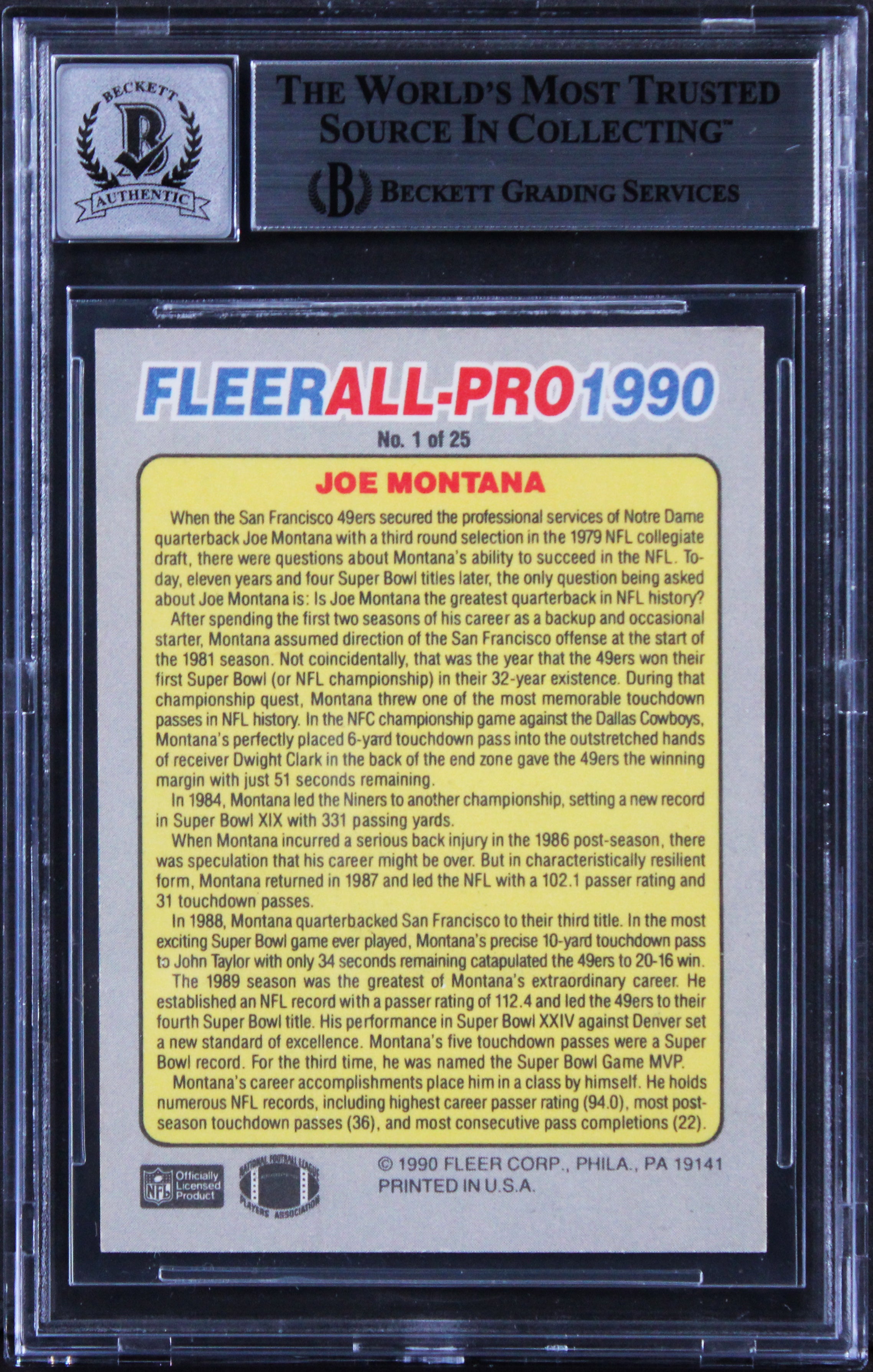 49ers Joe Montana Signed 1990 Fleer All-Pros #1 Card Auto Grade 10! BAS Slabbed