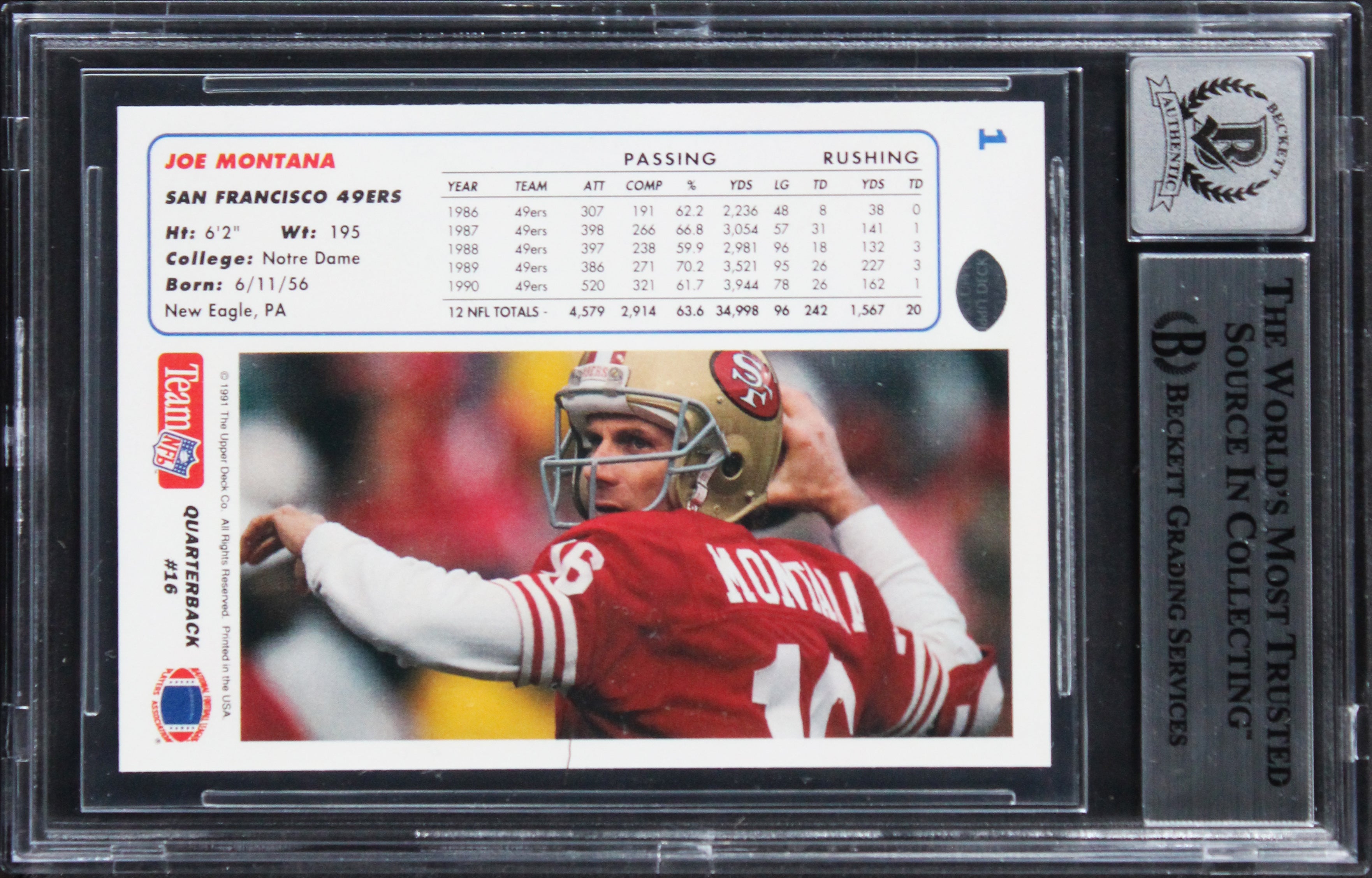 49ers Joe Montana Signed 1991 Upper Deck #1P Card Auto Grade GM 10! BAS Slabbed