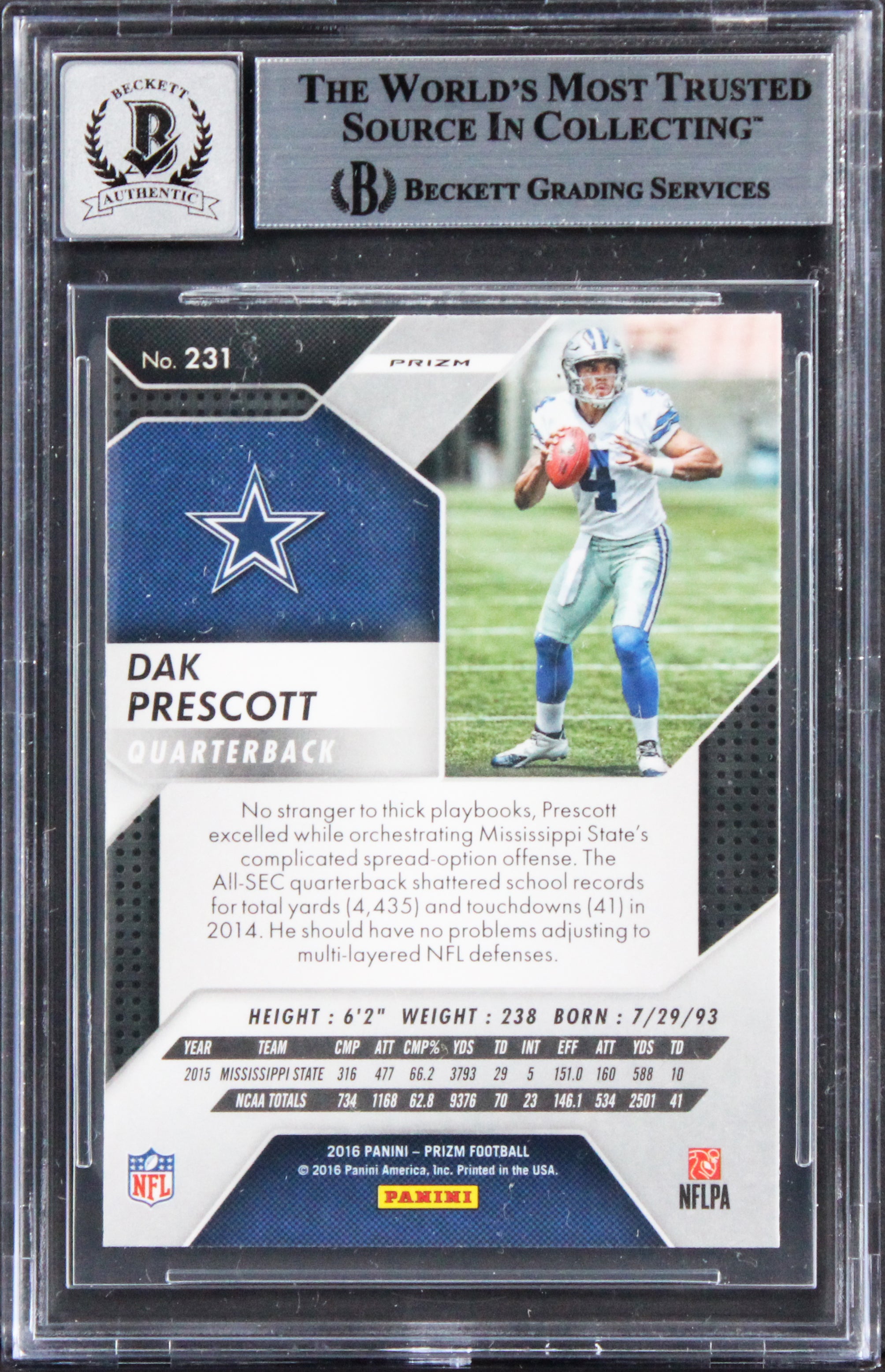 Dak Prescott "ROY 16" Signed 2016 Panini Prizm #231 RC Card Auto 10! BAS Slabbed