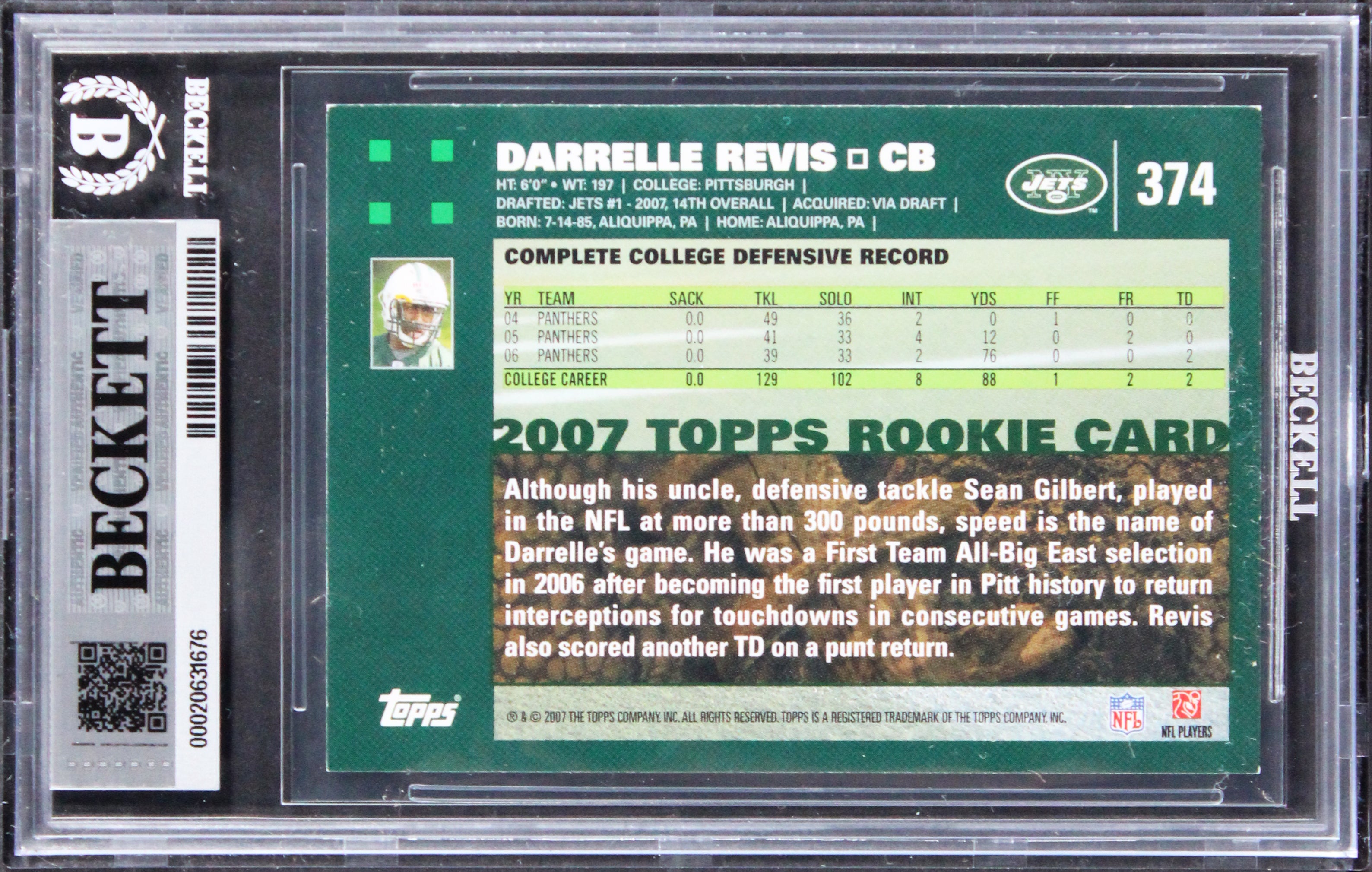 Jets Darrelle Revis Signed 2007 Topps #374 Rookie Card Auto GM 10! BAS Slabbed