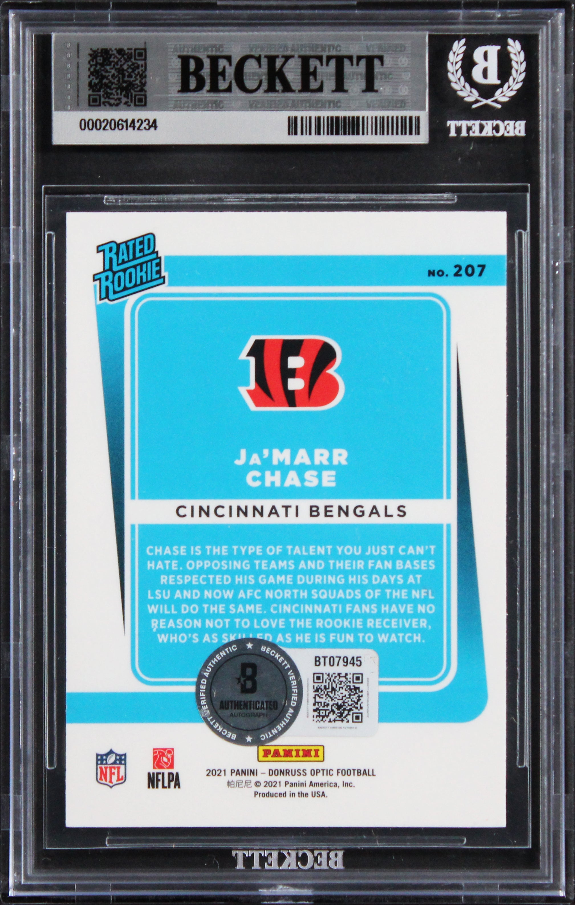 Bengals Ja'Marr Chase Signed 2021 Donruss Optic #207 Rookie Card BAS Slabbed