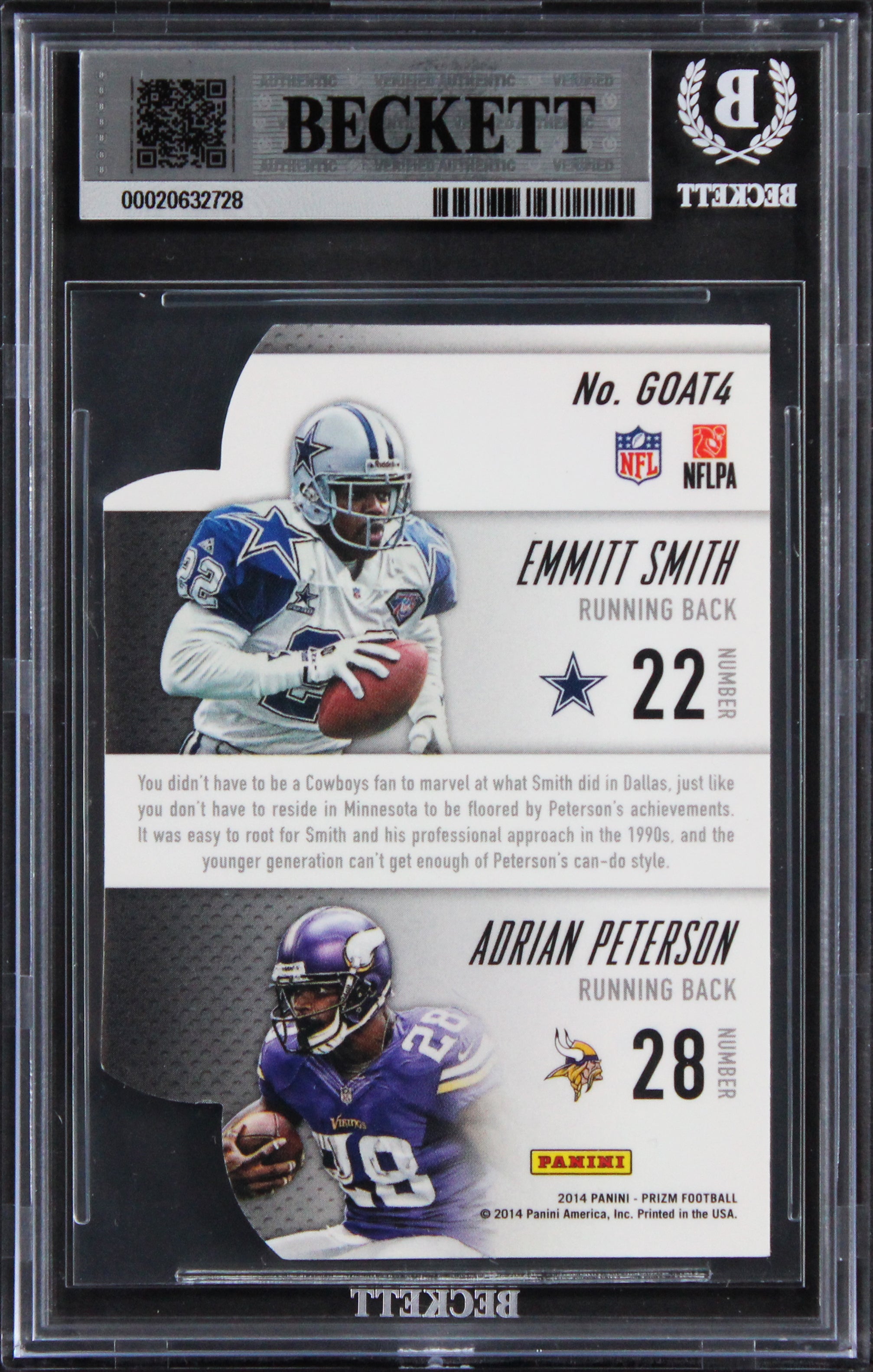 Emmitt Smith & Adrian Peterson Signed 2014 Panini Prizm #4 Card Auto 10 BAS Slab