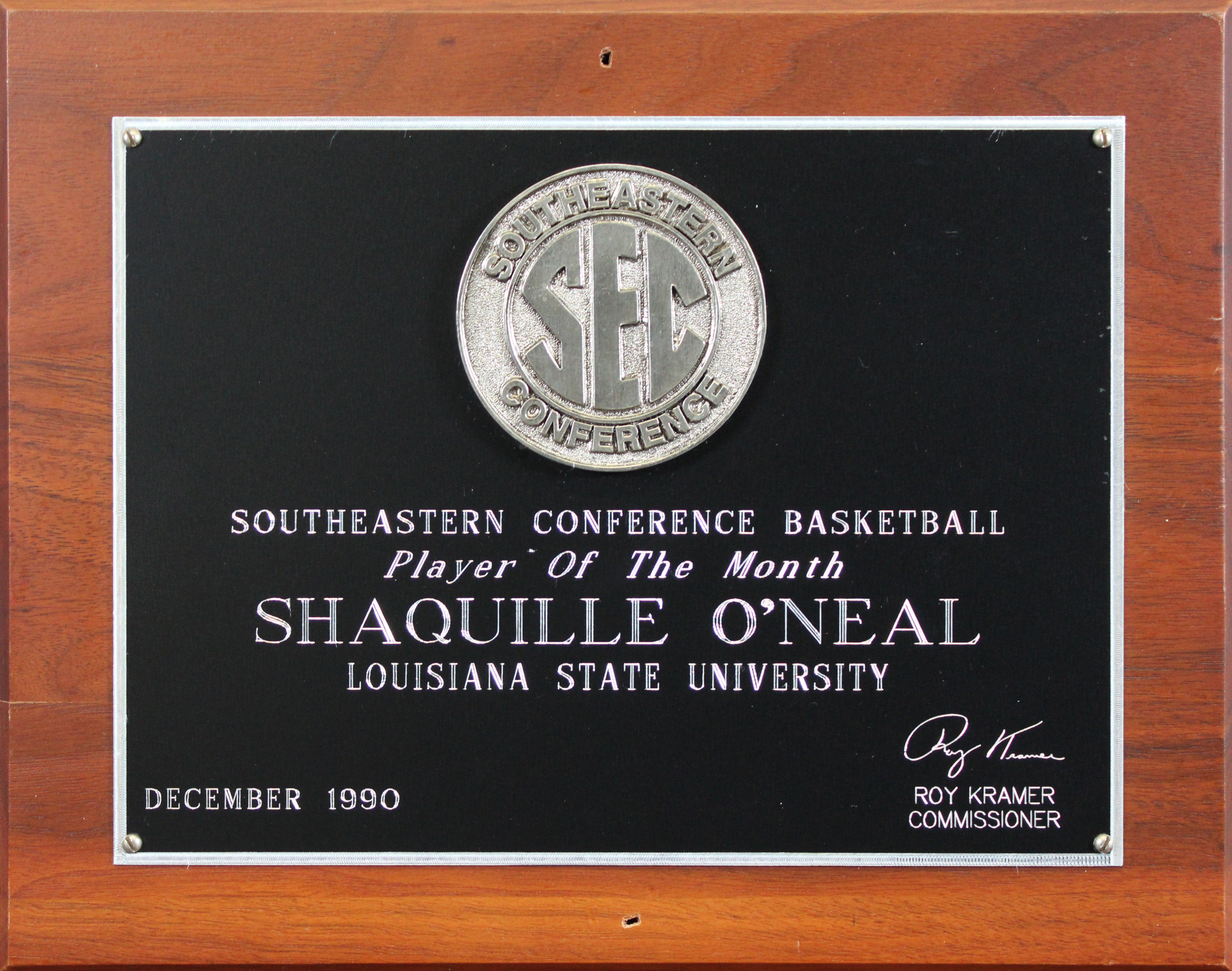 Shaquille O'Neal December 1990 SEC Player of the Month Plaque Un-signed