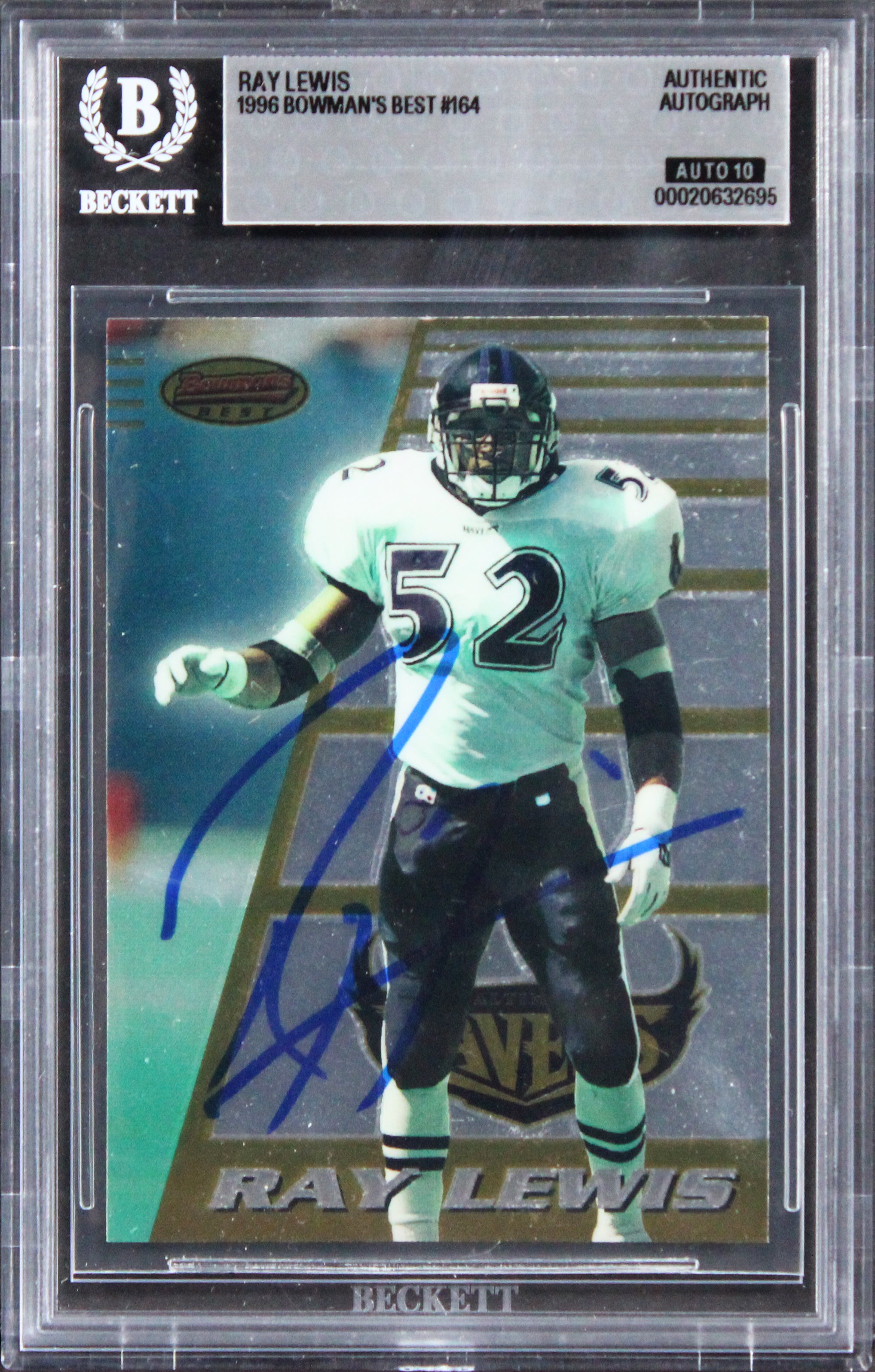 Ravens Ray Lewis Signed 1996 Bowman's Best #164 Rookie Card Auto 10! BAS Slabbed