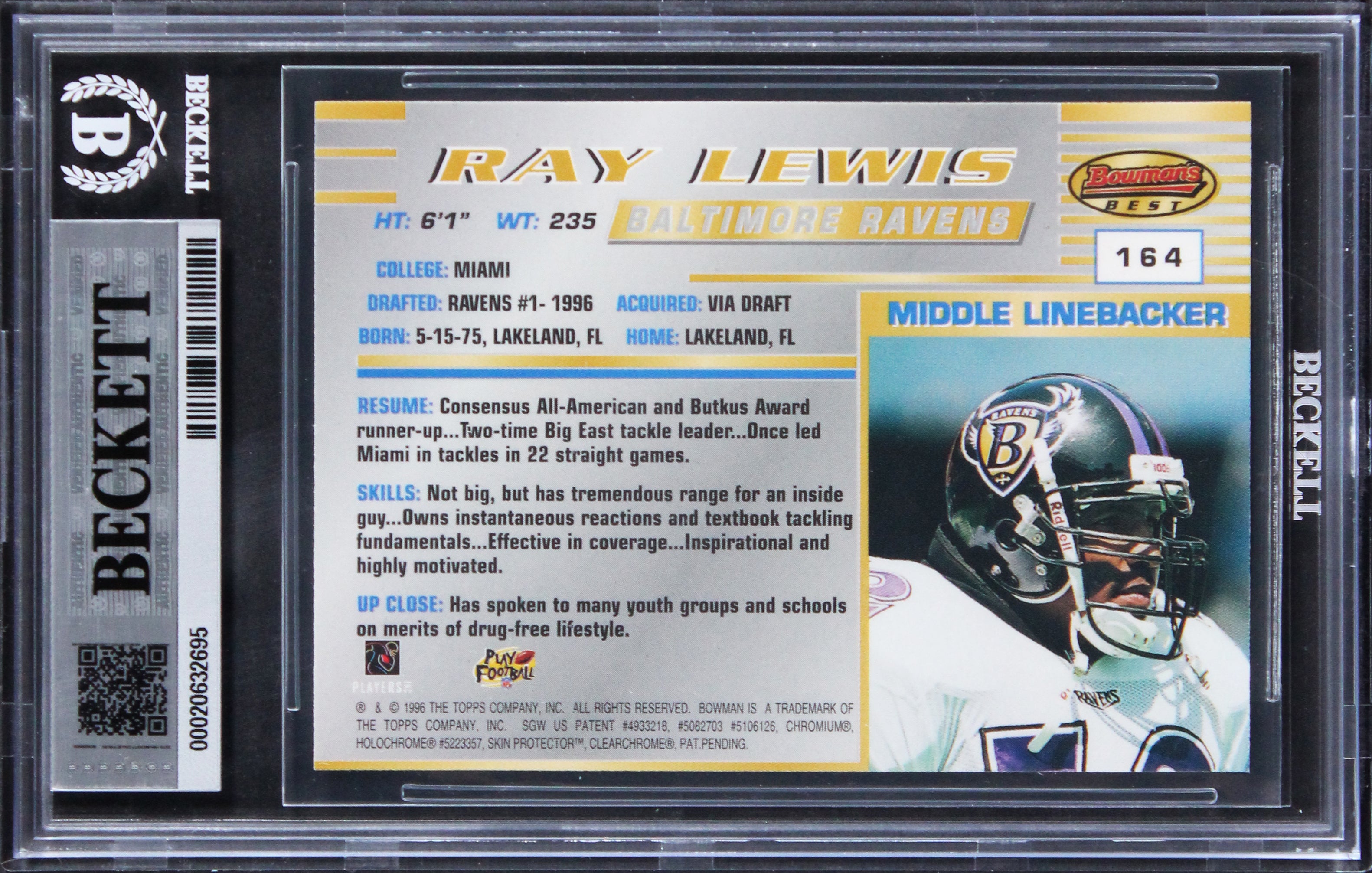 Ravens Ray Lewis Signed 1996 Bowman's Best #164 Rookie Card Auto 10! BAS Slabbed