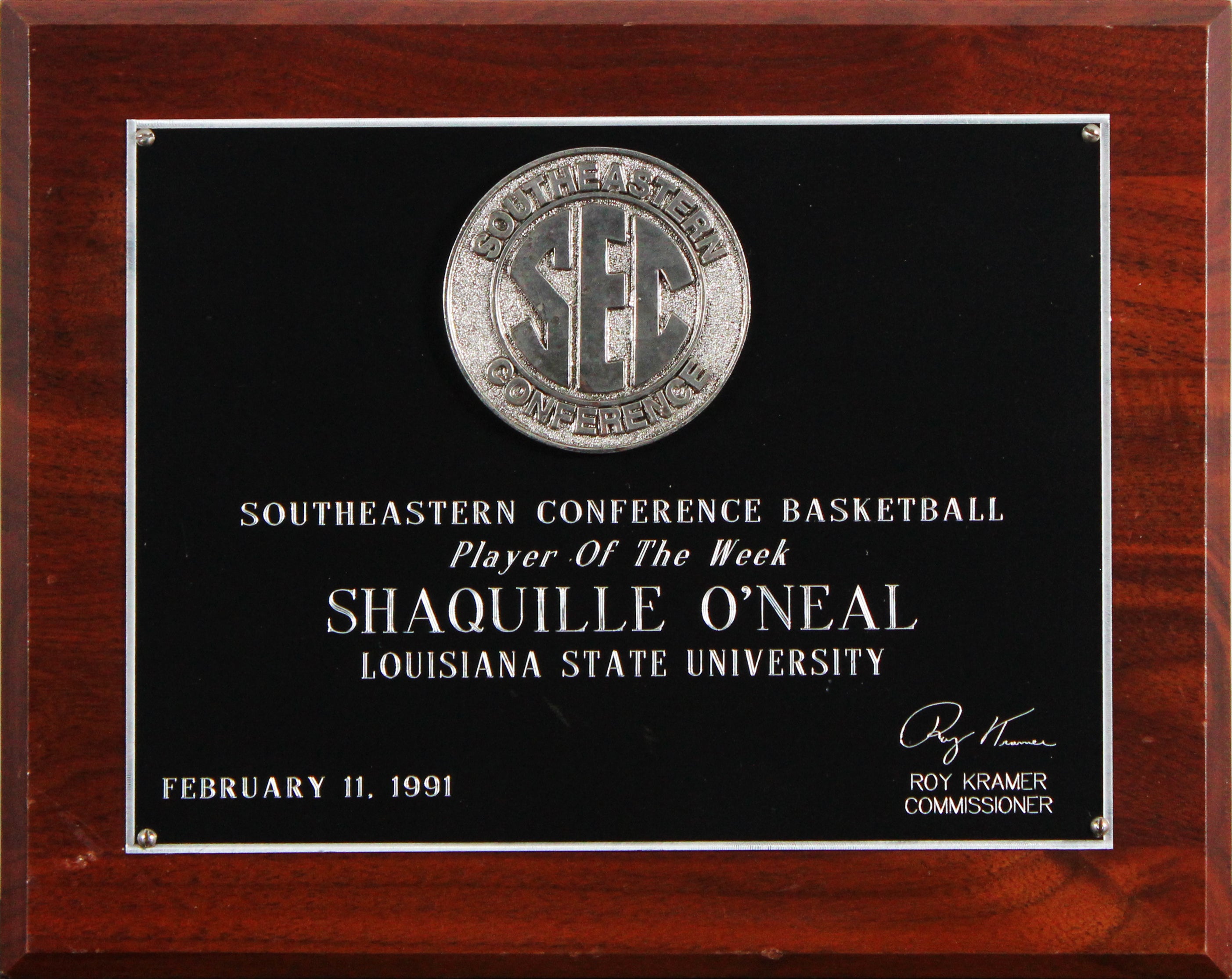 Shaquille O'Neal February 11, 1991 SEC Player of the Week Plaque Un-signed