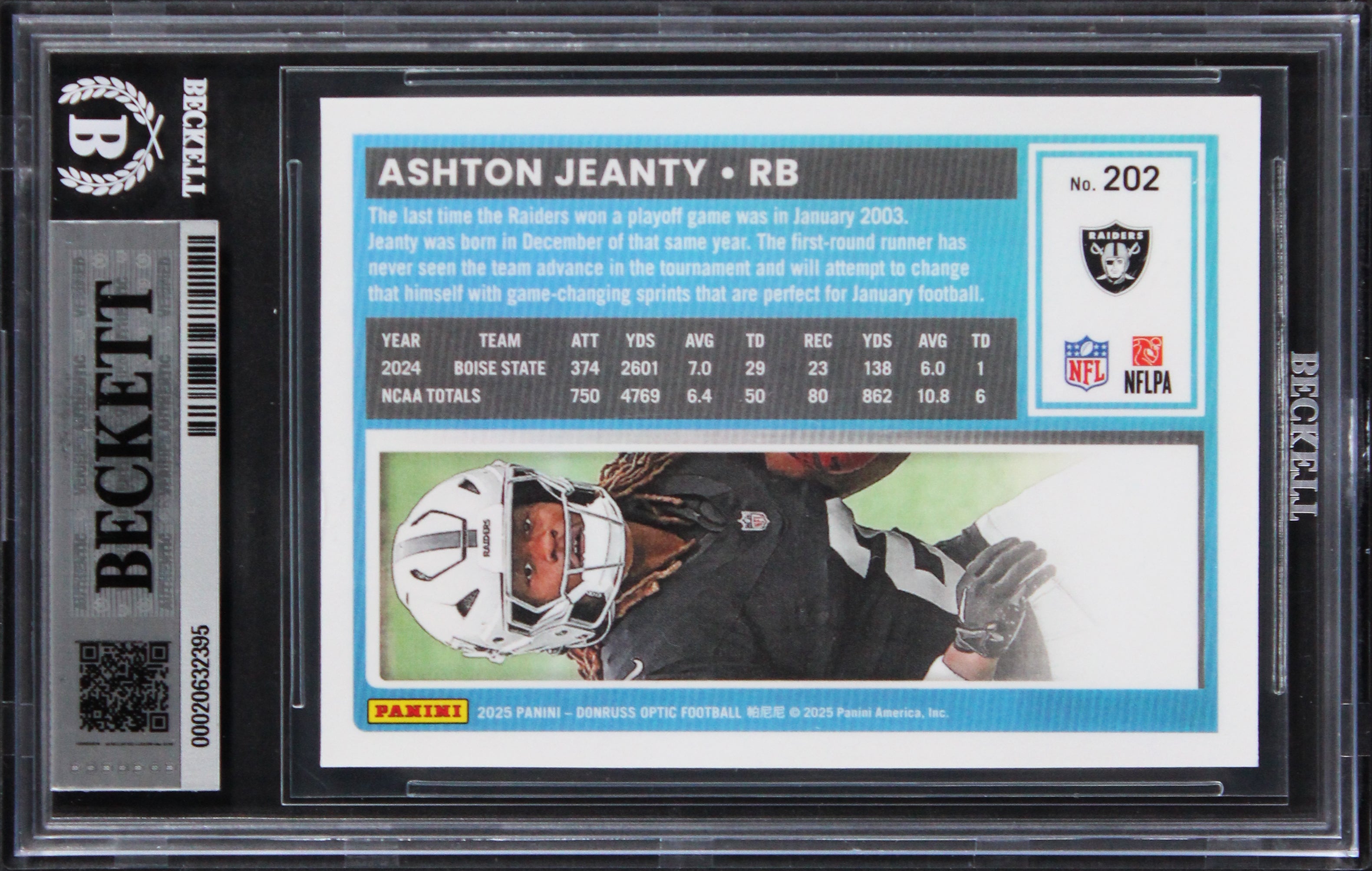 Raiders Ashton Jeanty Signed 2025 Donruss Optic #202 RC Card Auto 10! BAS Slab