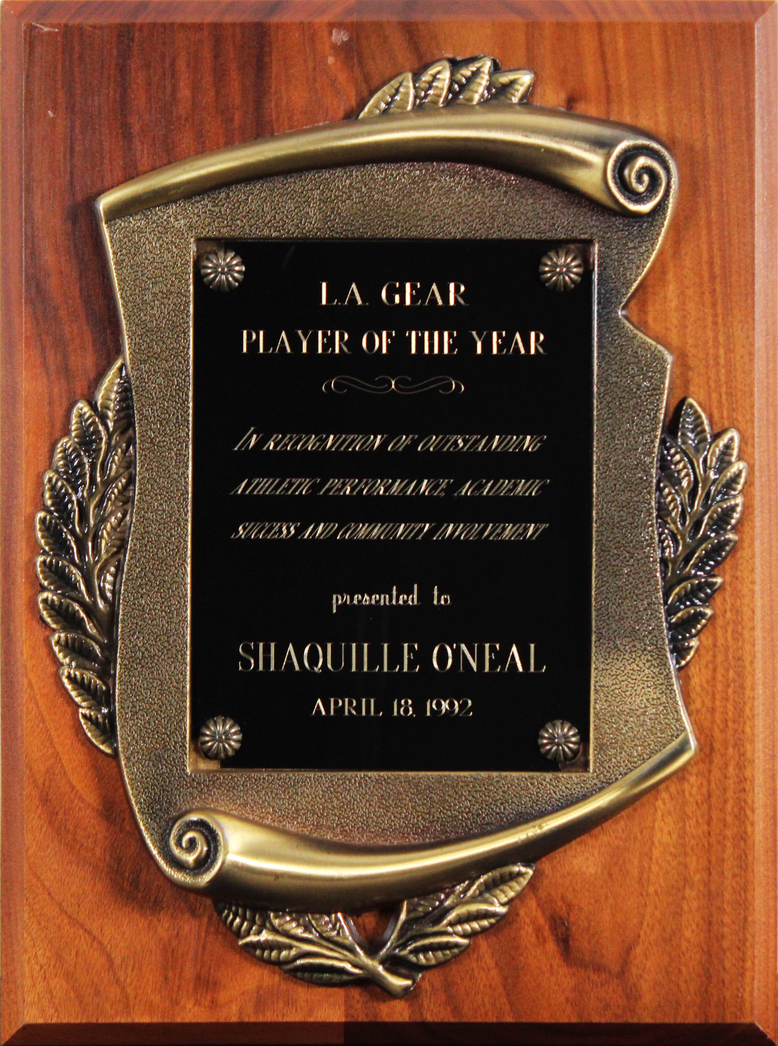 Shaquille O'Neal 1992 LA Gear Player of the Year Plaque Un-signed