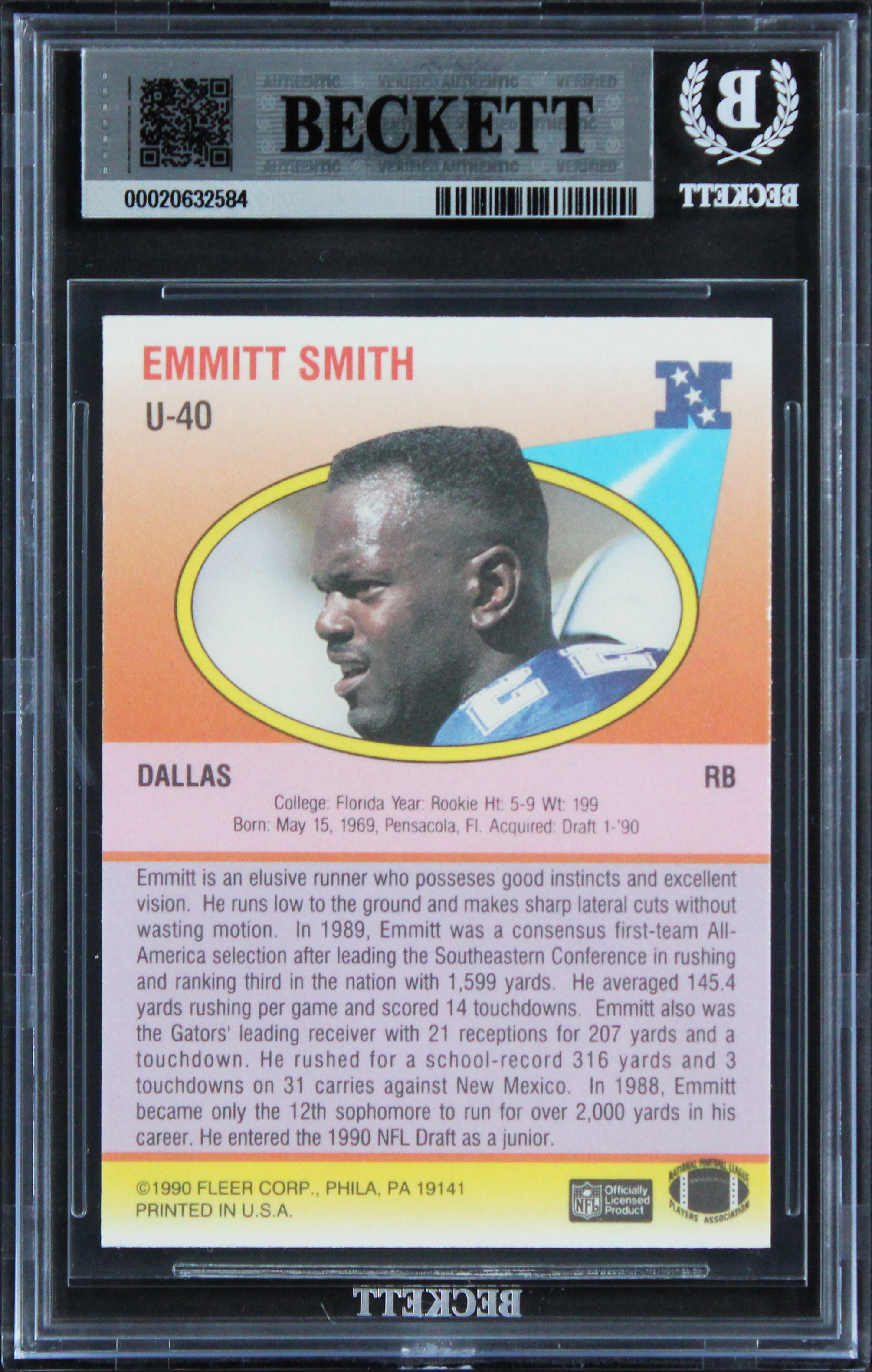 Cowboys Emmitt Smith Signed 1990 Fleer Update #U40 Rookie Card Auto 10! BAS Slab