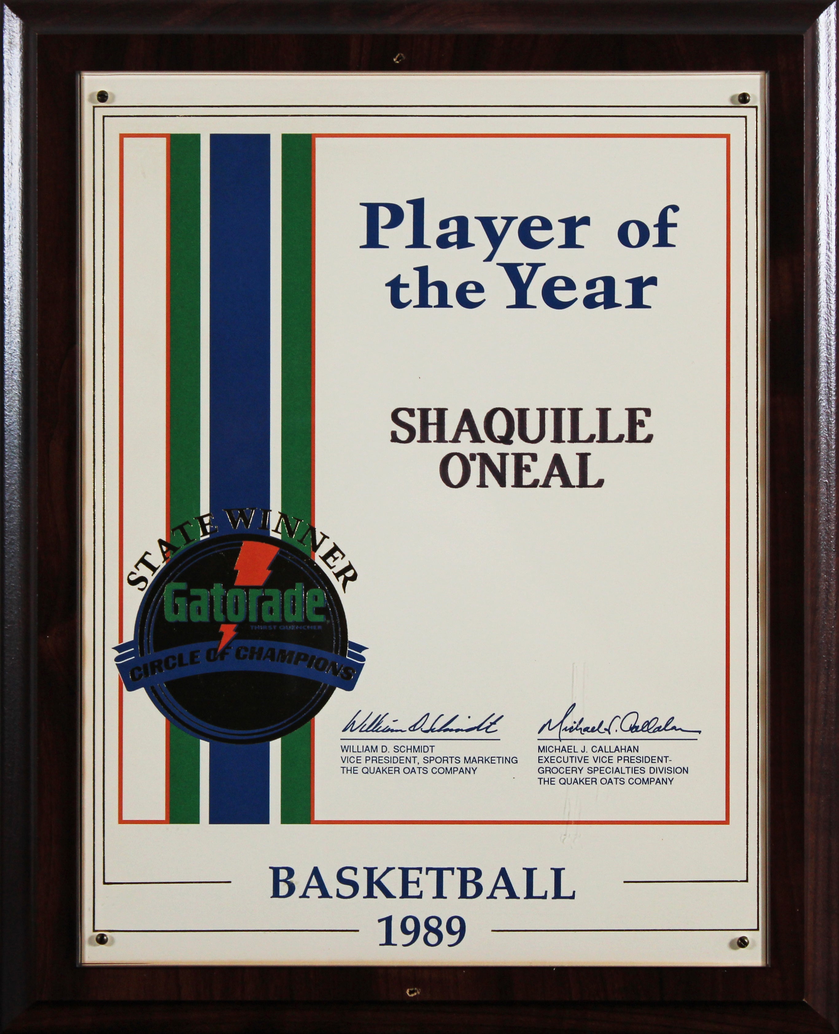 Shaquille O'Neal 1989 Gatorade Texas State High School Player of the Year Plaque