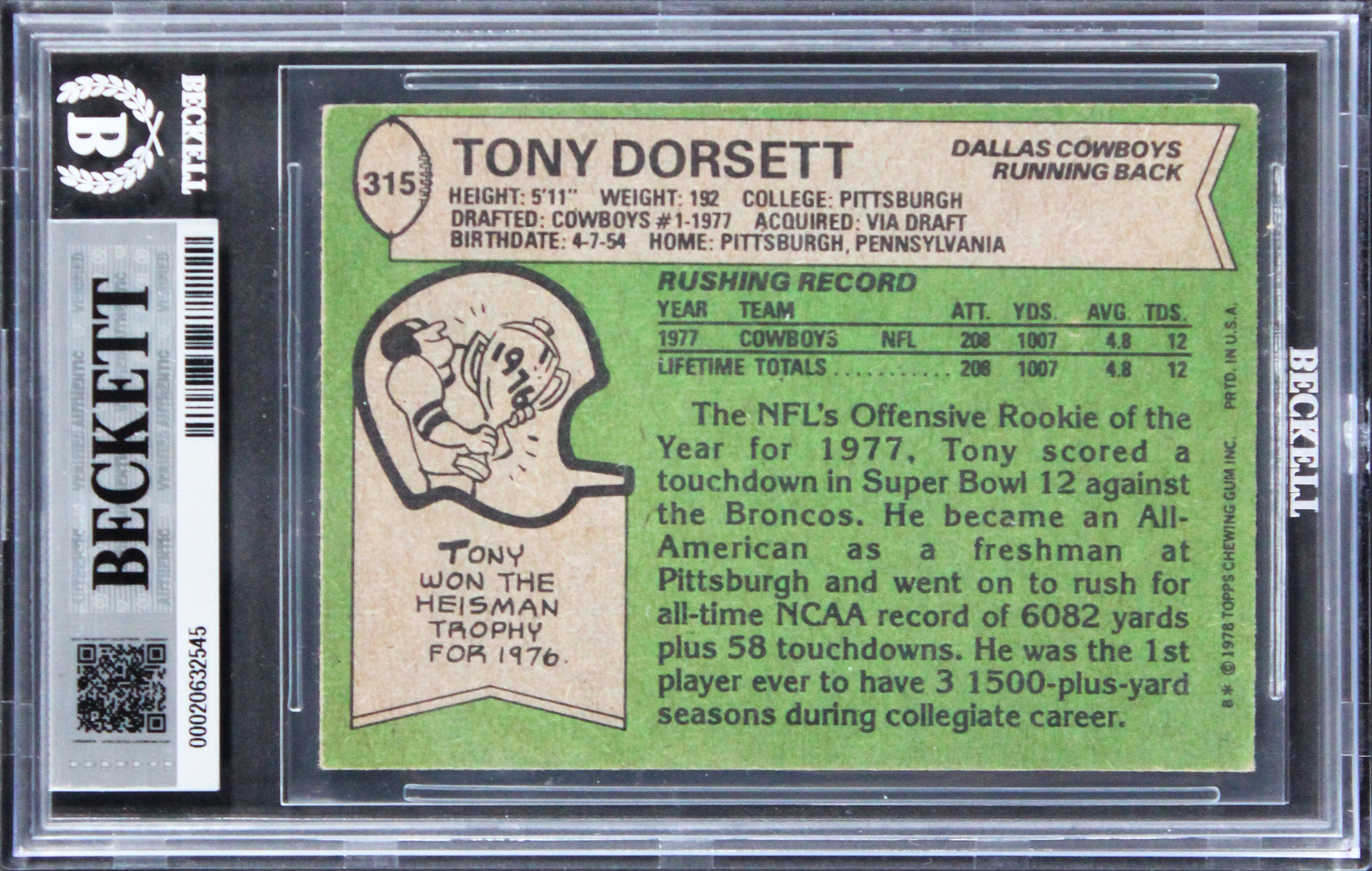 Cowboys Tony Dorsett "HOF 94" Signed 1978 Topps #315 Card Auto 10! BAS Slabbed