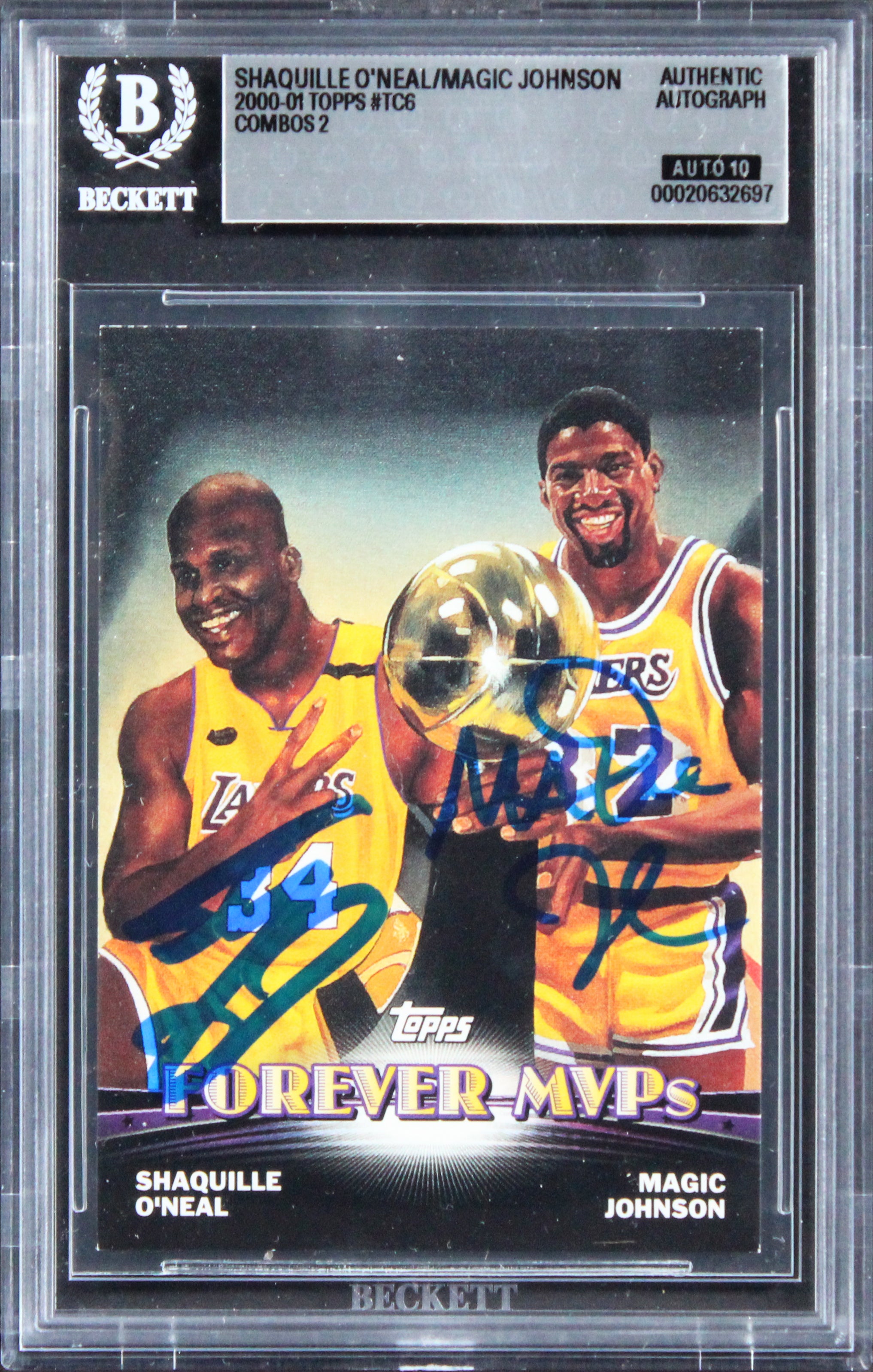 Shaquille O'Neal & Magic Johnson Signed 2000 Topps #TC6 Card Auto 10! BAS Slab