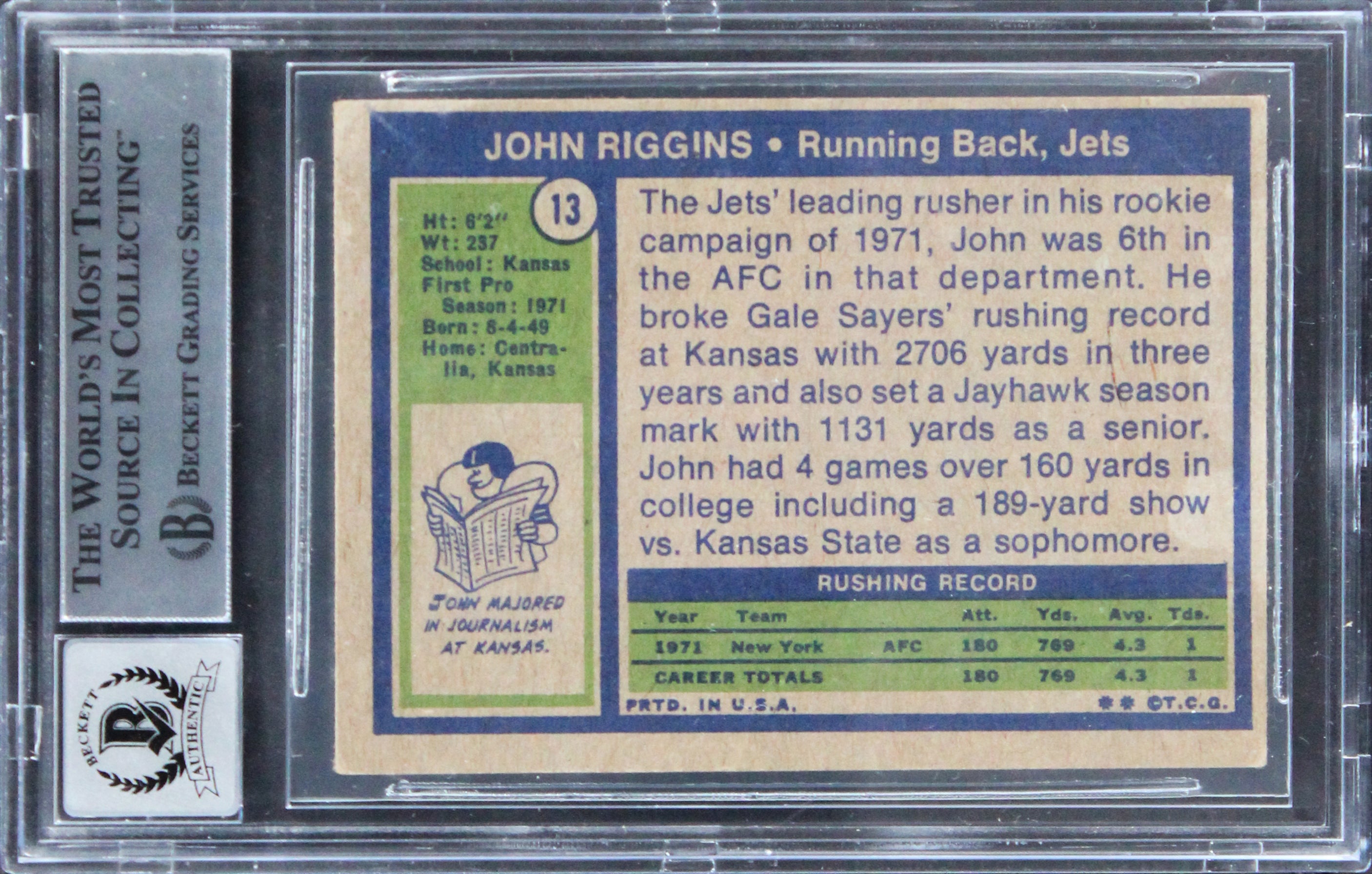 Jets John Riggins Authentic Signed 1972 Topps #13 Card Auto 10! BAS Slabbed