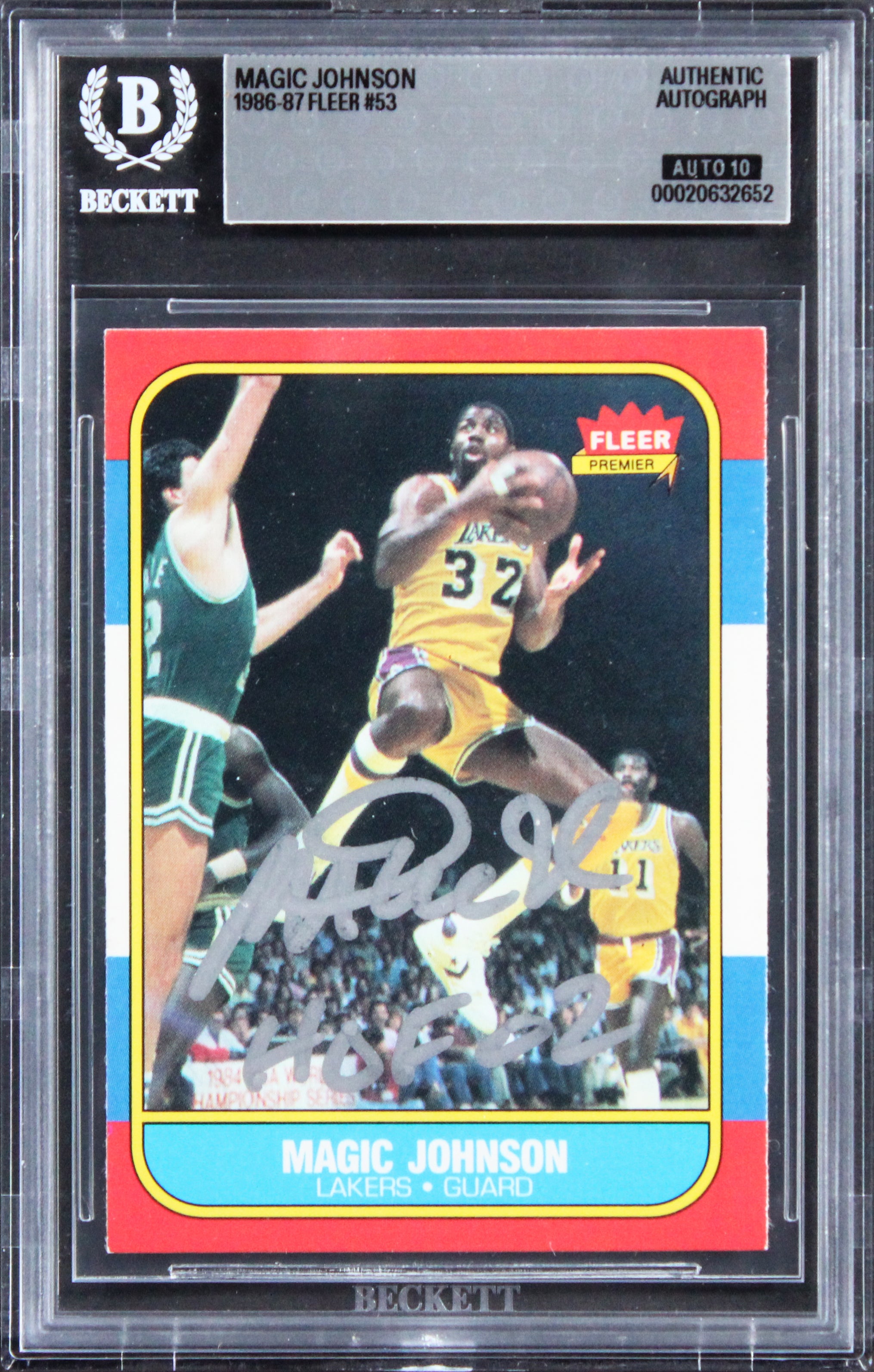 Lakers Magic Johnson "HOF 02" Signed 1986 Fleer #53 Card Auto 10! BAS Slabbed