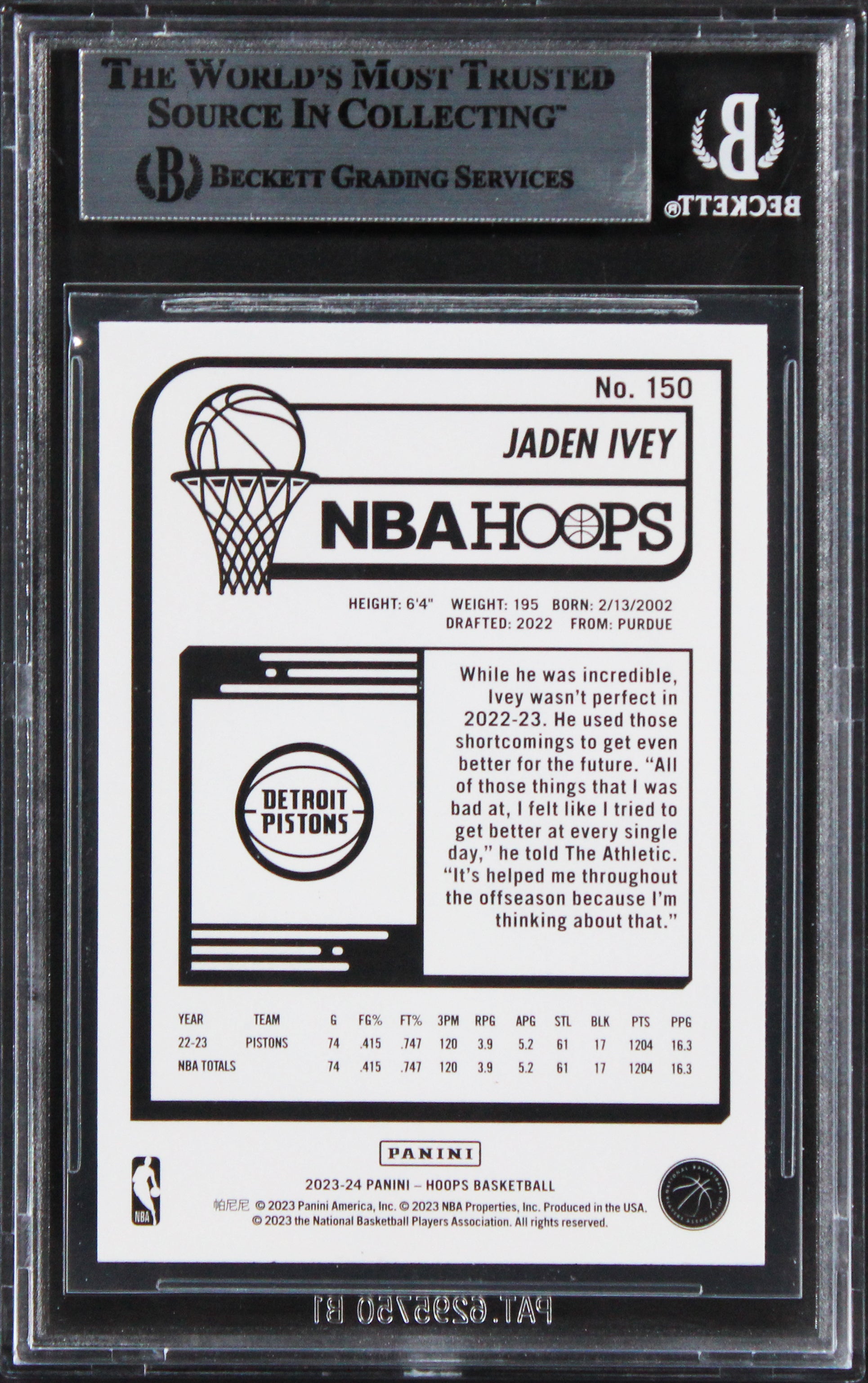 Pistons Jaden Ivey Authentic Signed 2023 Hoops #150 Card BAS Slabbed