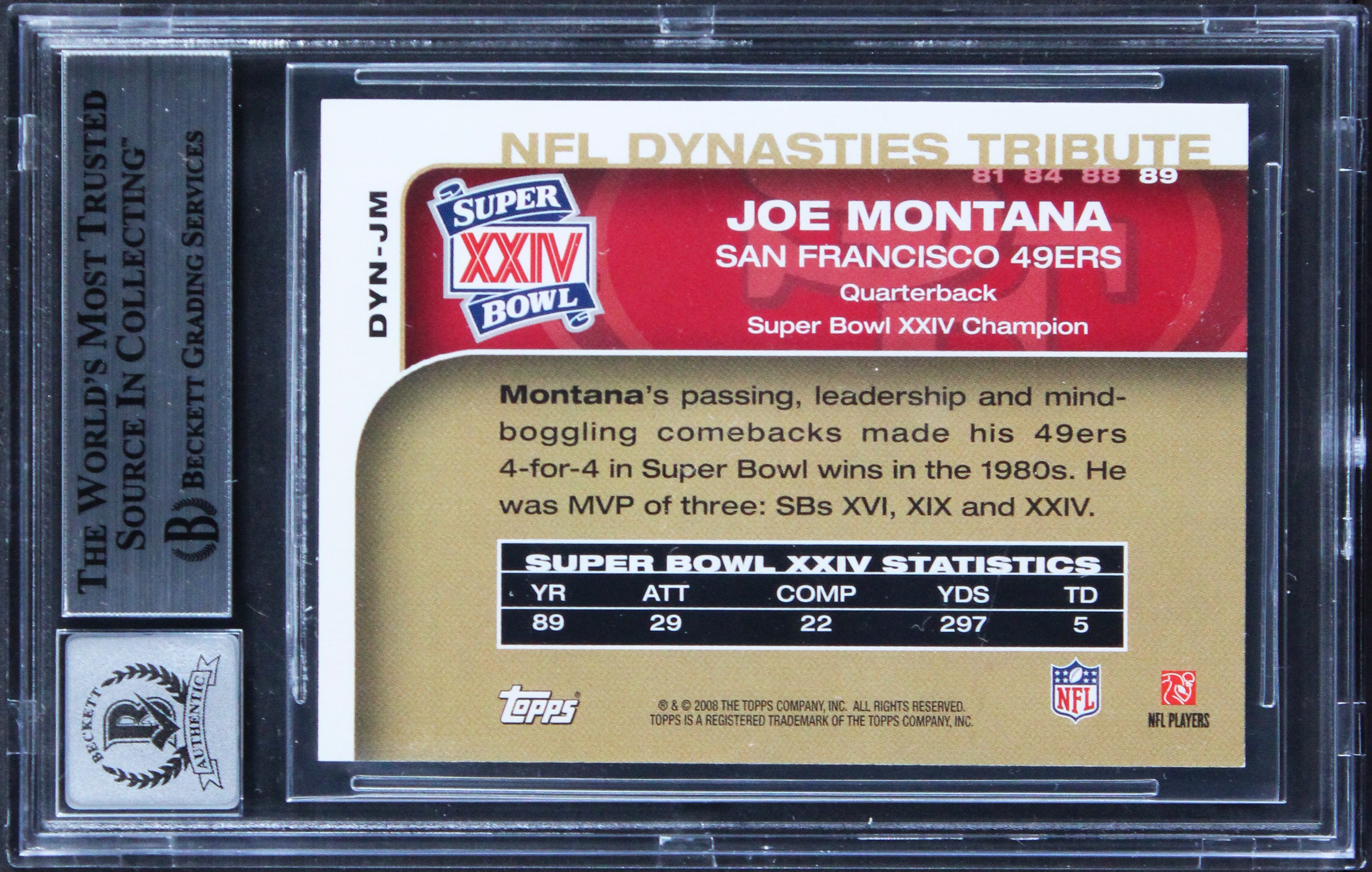 49ers Joe Montana Signed 2008 Topps Dynasties #DYNJM Card Auto 10! BAS Slabbed