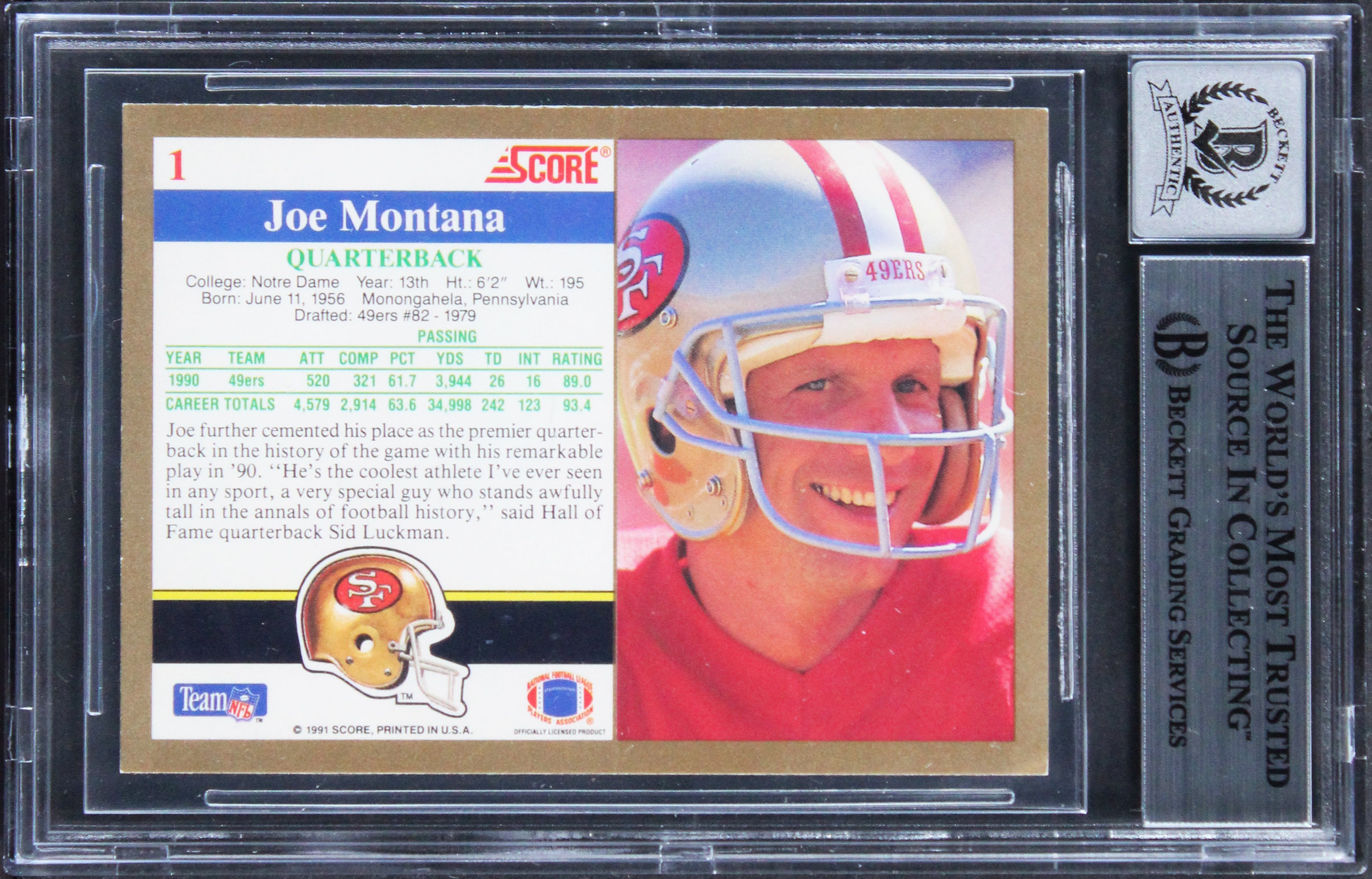 49ers Joe Montana Signed 1991 Score #1 Card Auto Grade Gem Mint 10! BAS Slabbed