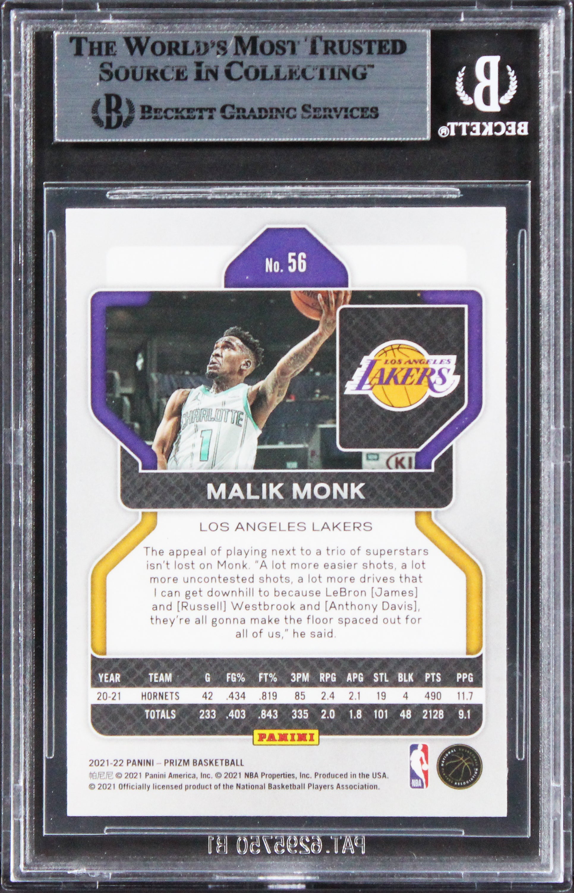 Lakers Malik Monk Authentic Signed 2021 Panini Prizm #56 Card BAS Slabbed