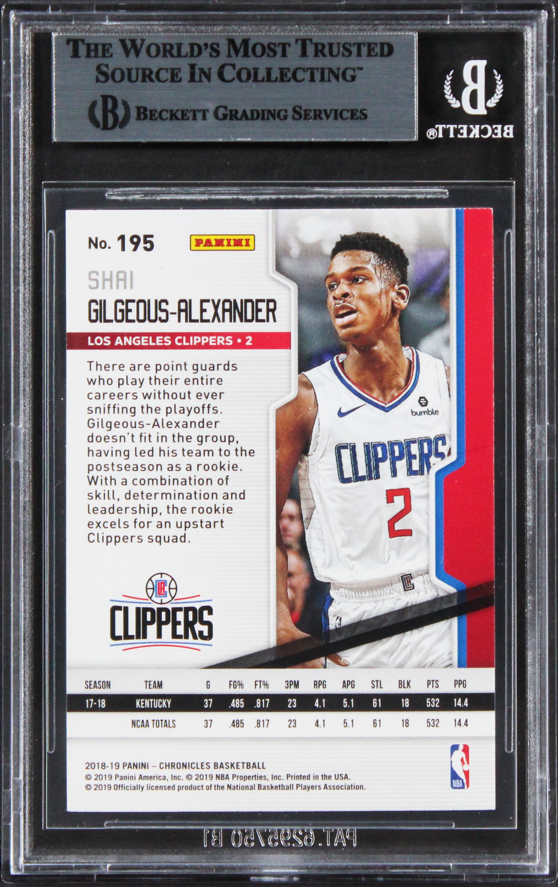Shai Gilgeous-Alexander Signed 2018 Panini Chronicles #195 Rookie Card BAS Slab