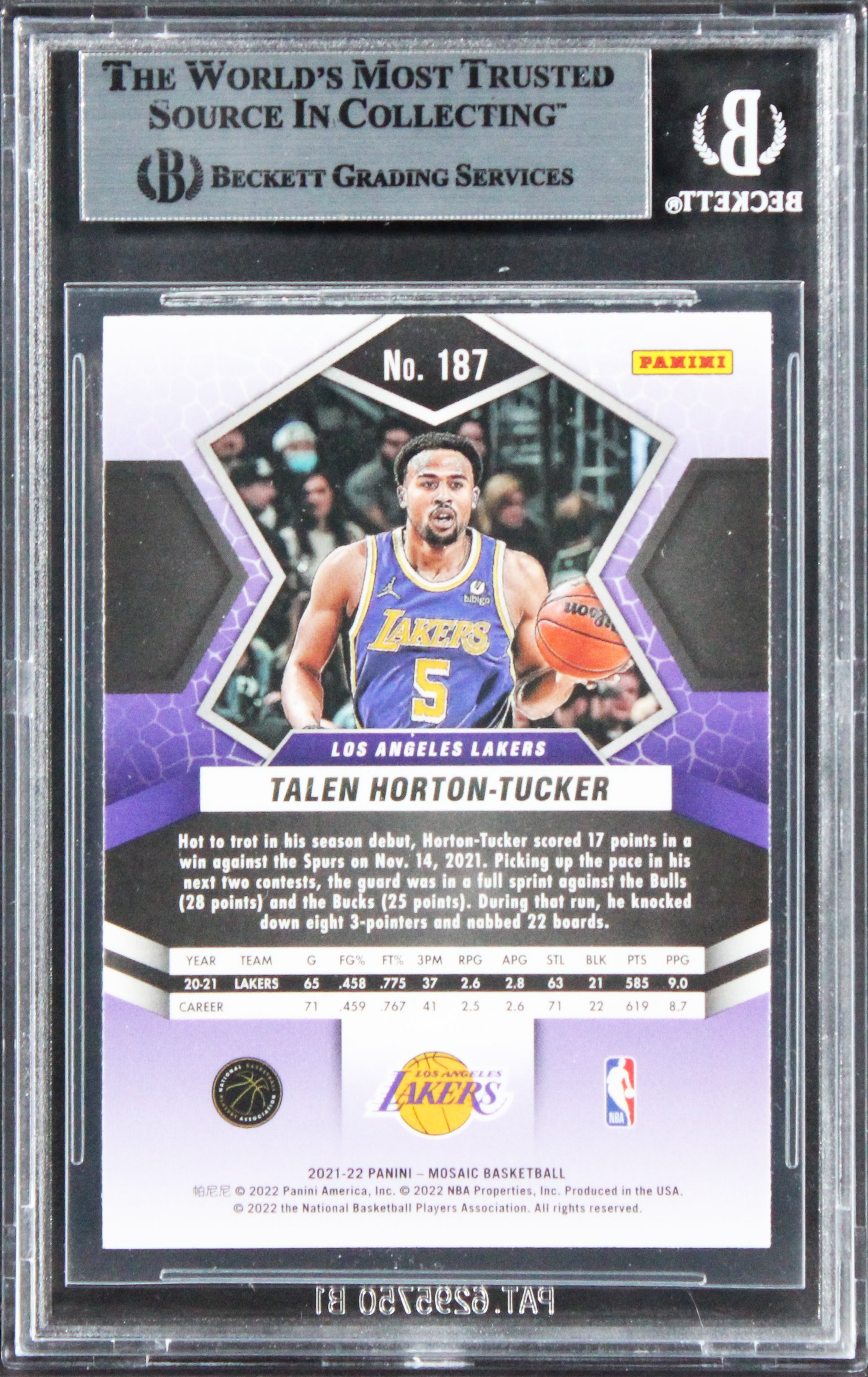 Lakers Talen Horton-Tucker Signed 2021 Panini Mosaic #187 Card BAS Slabbed