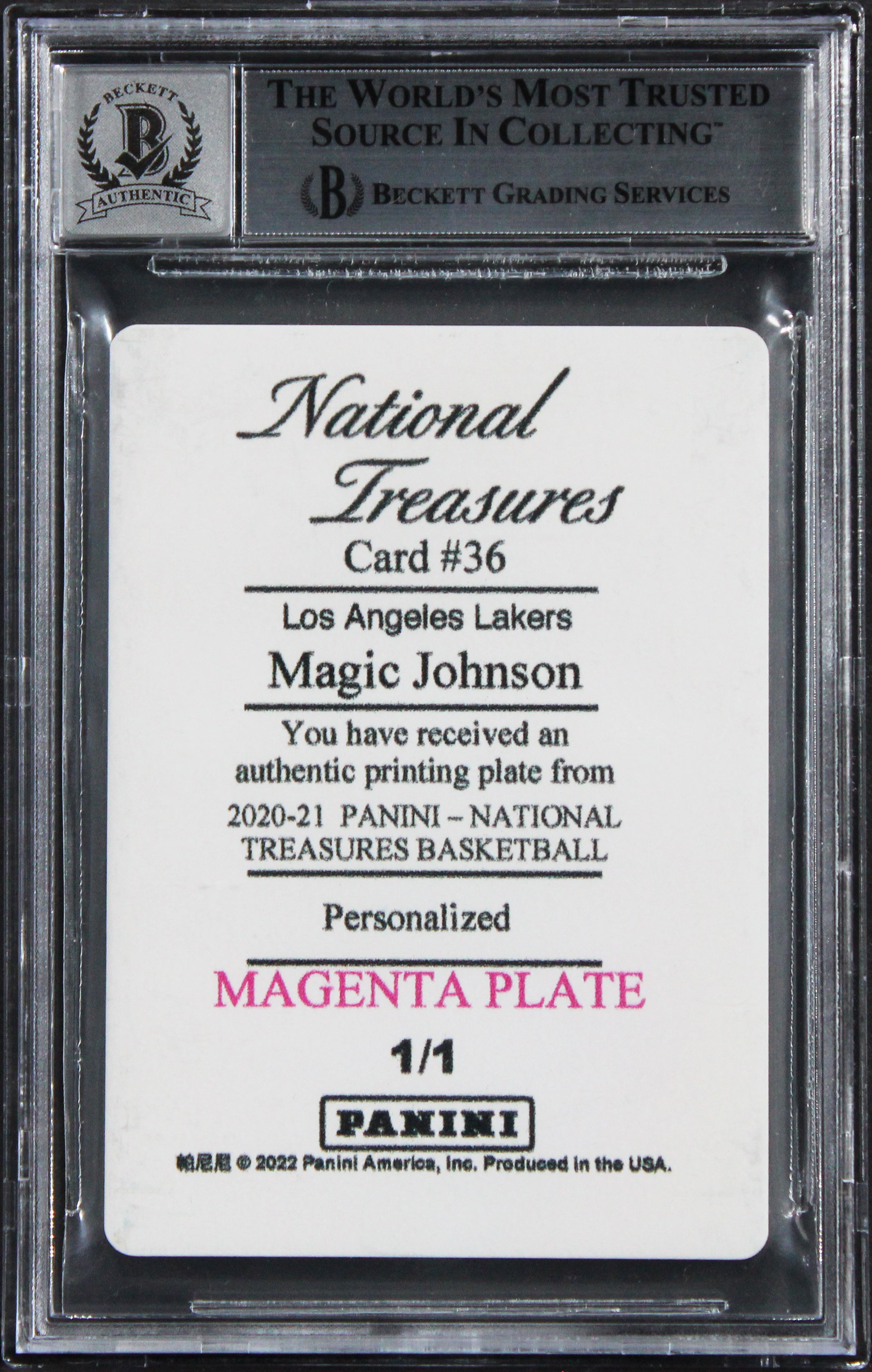 Magic Johnson "HOF 2002" Signed 2020 NT PP Magenta #36 Card Auto 10 BAS Slabbed