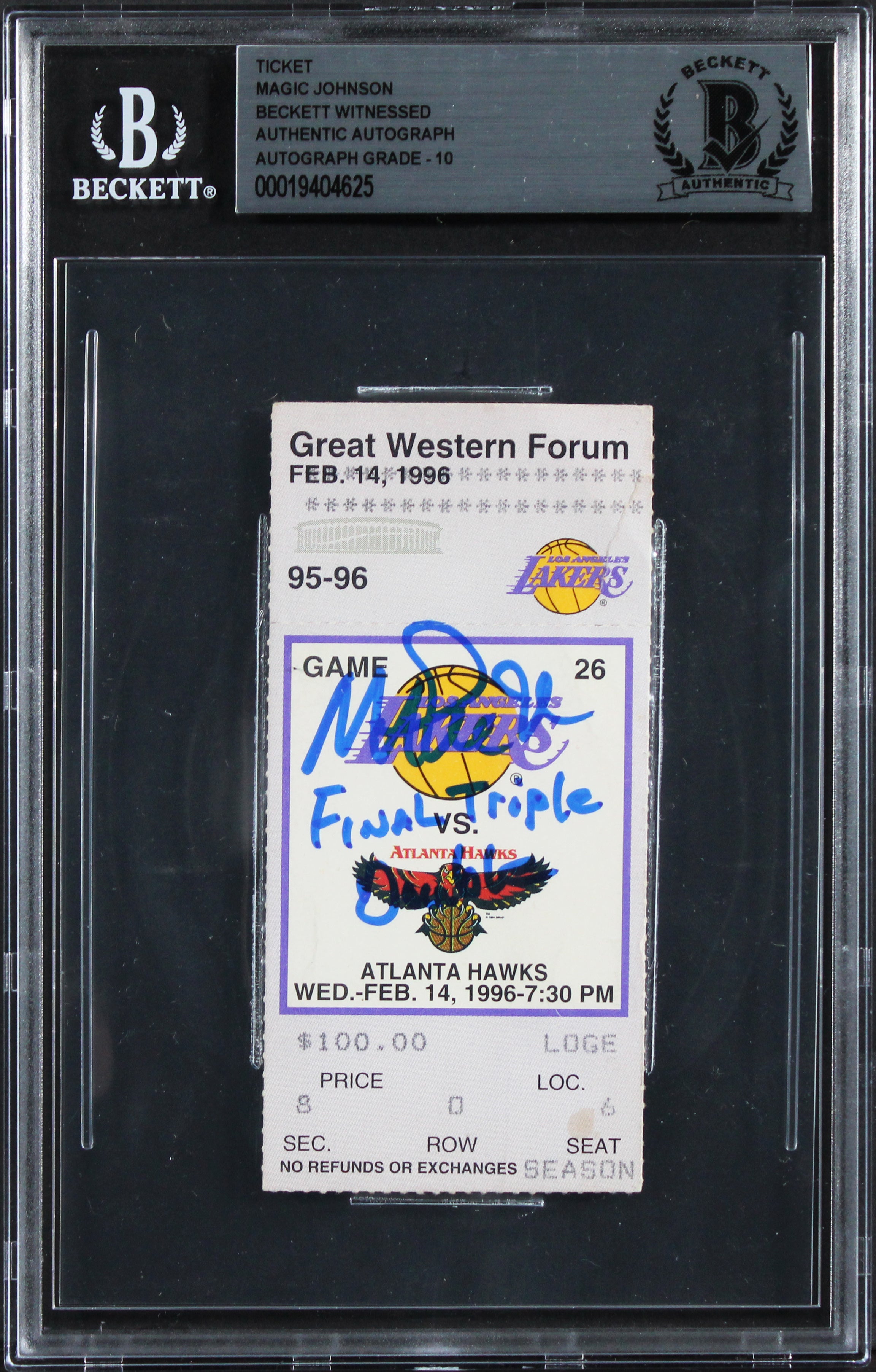 Magic Johnson "Final Triple Double" Signed Feb 1996 Ticket Stub Auto 10 BAS Slab