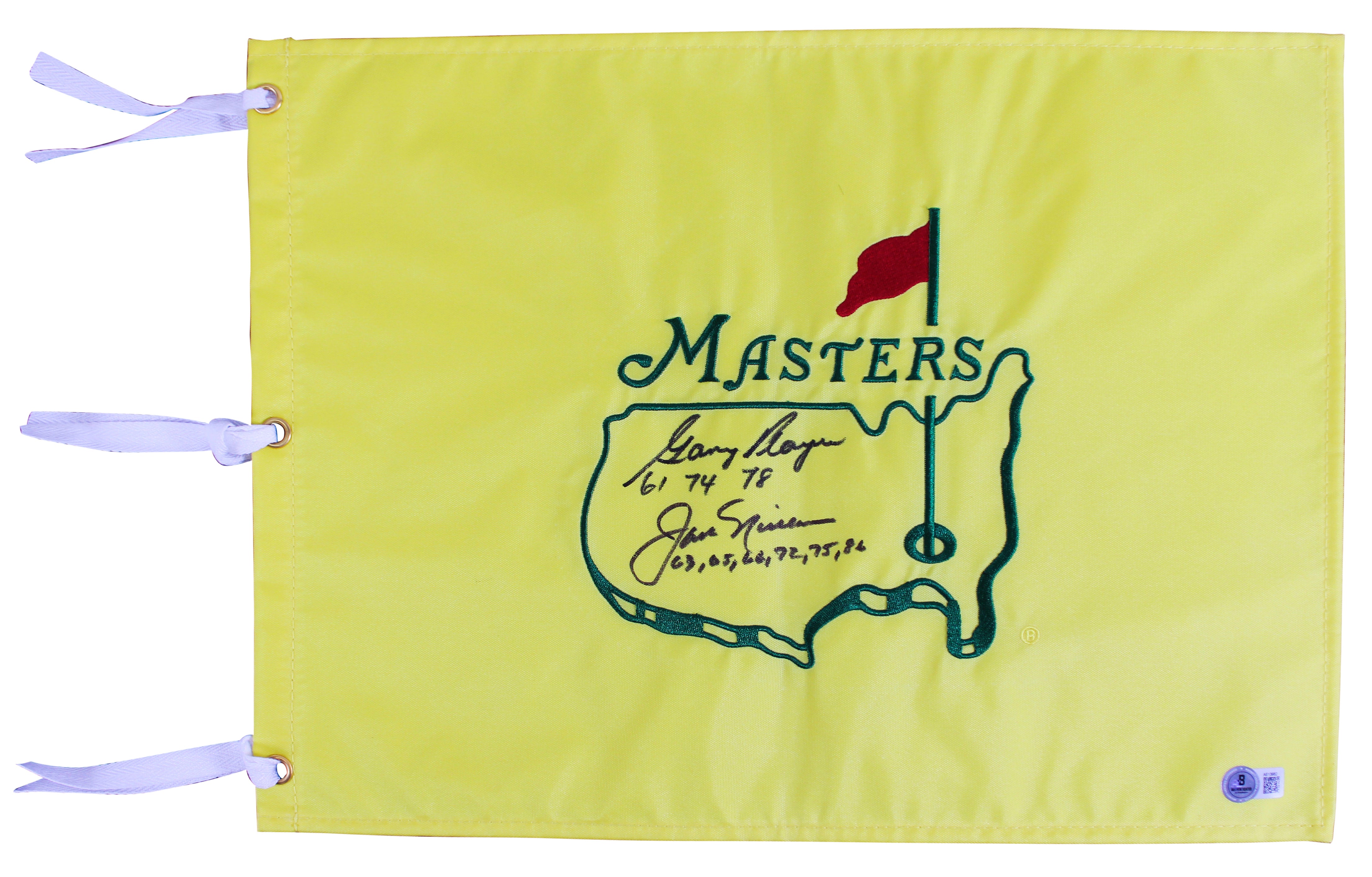 Jack Nicklaus & Gary Player Wins Inscribed & Signed Masters Pin Flag BAS LOA