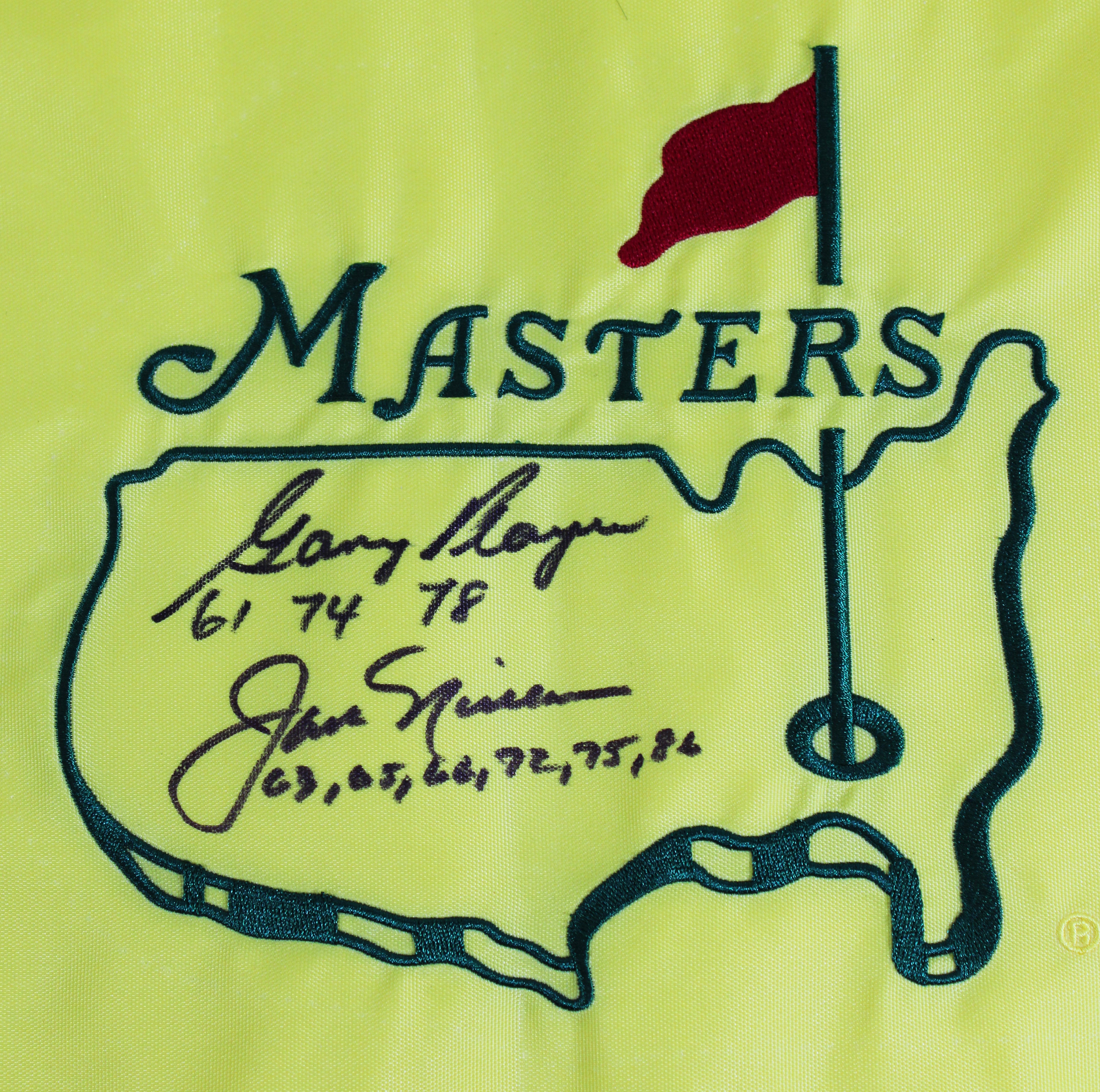 Jack Nicklaus & Gary Player Wins Inscribed & Signed Masters Pin Flag BAS LOA