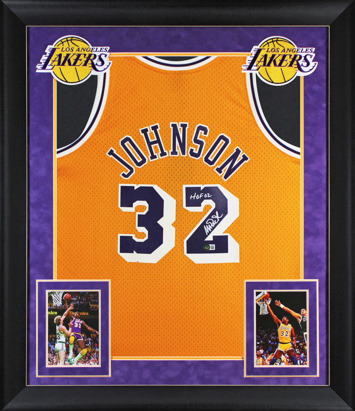Lakers Magic Johnson "HOF" Signed Yellow M&N HWC Swingman Framed Jersey BAS W 2