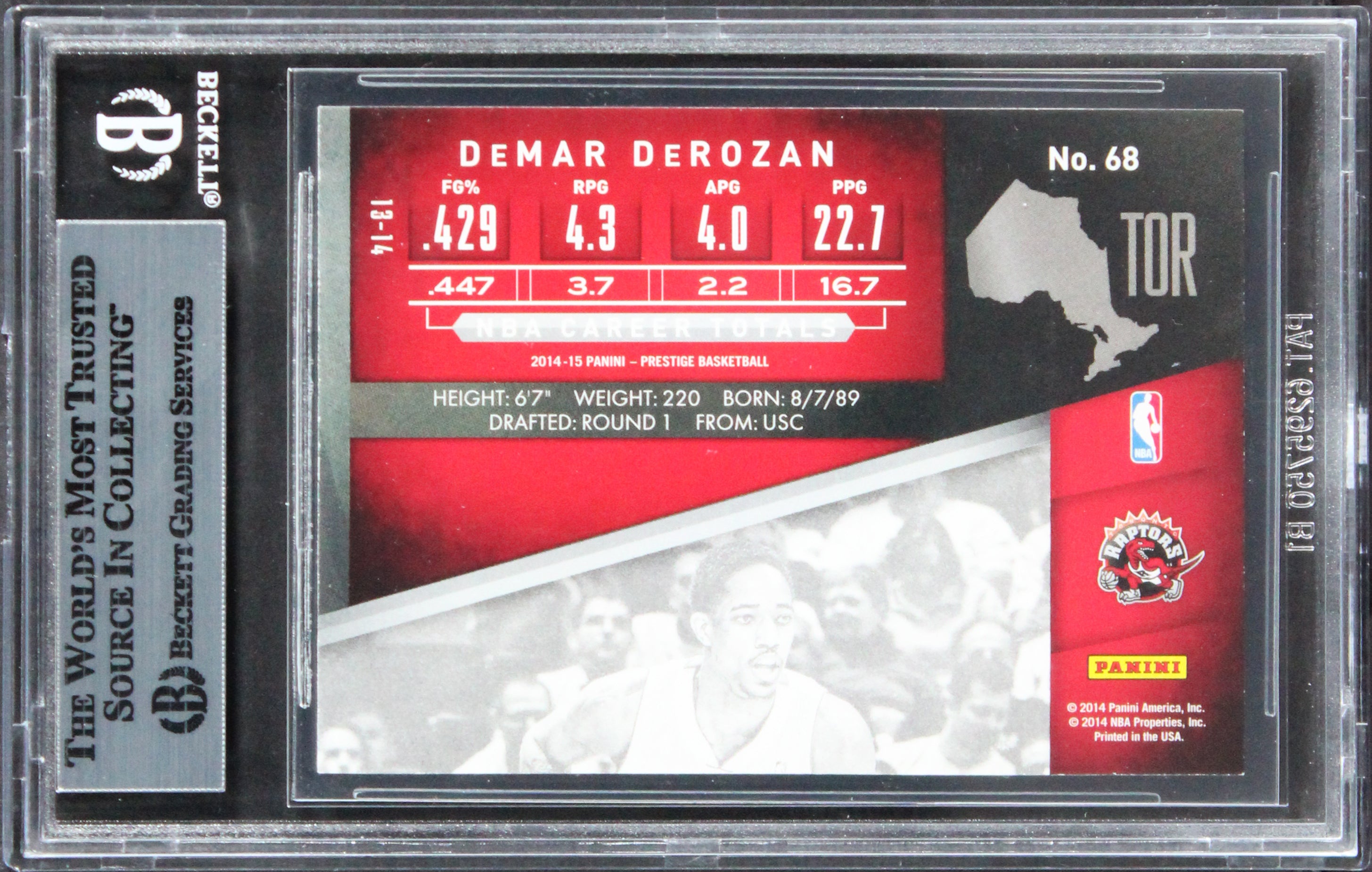 Raptors DeMar DeRozan Authentic Signed 2014 Prestige #68 Card BAS Slabbed