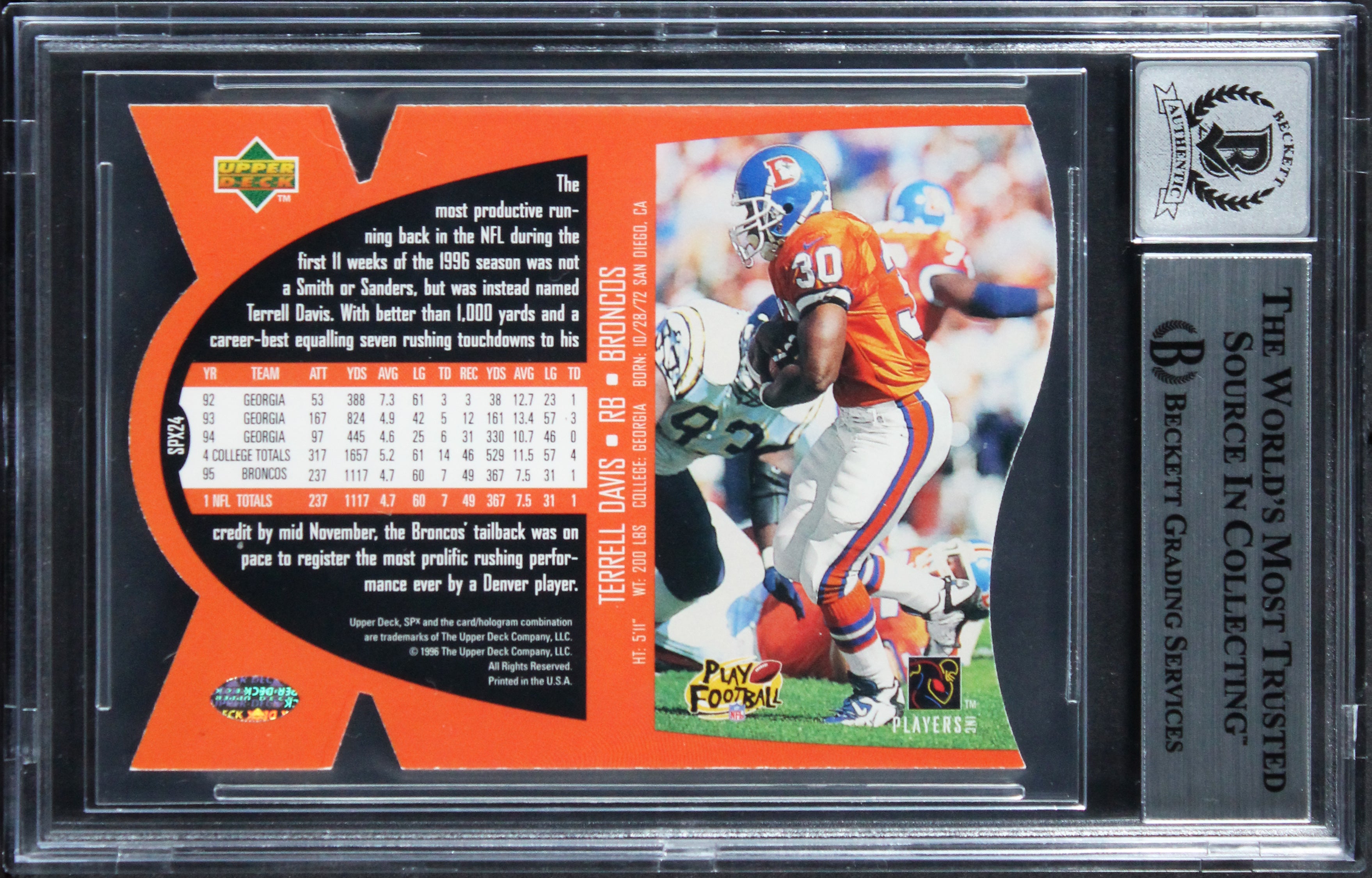 Broncos Terrell Davis "HOF 17" Signed 1997 SPX #24 Card Auto Grade 10! BAS Slab