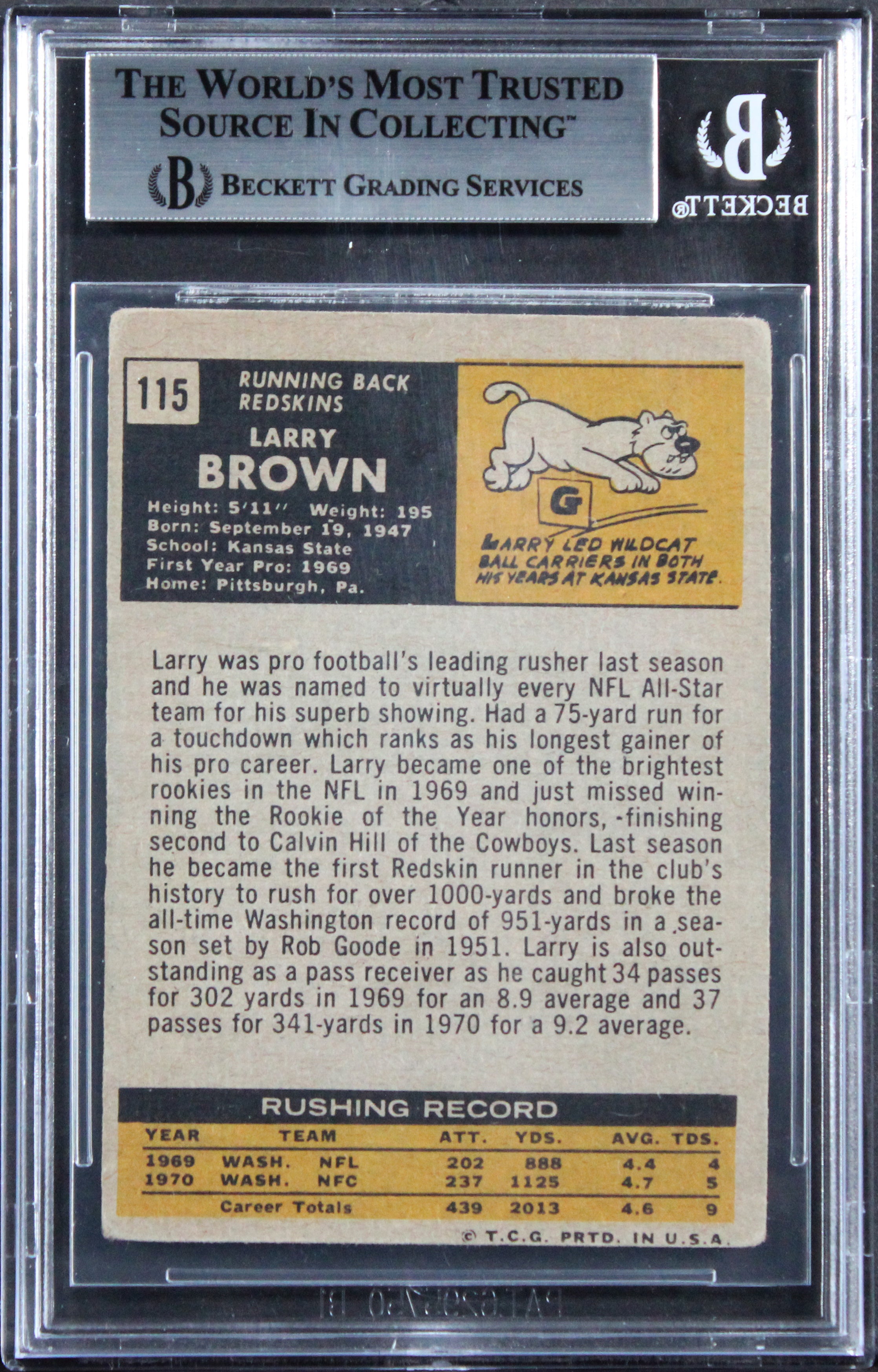 Commanders Larry Brown Authentic Signed 1971 Topps #115 Card BAS Slabbed