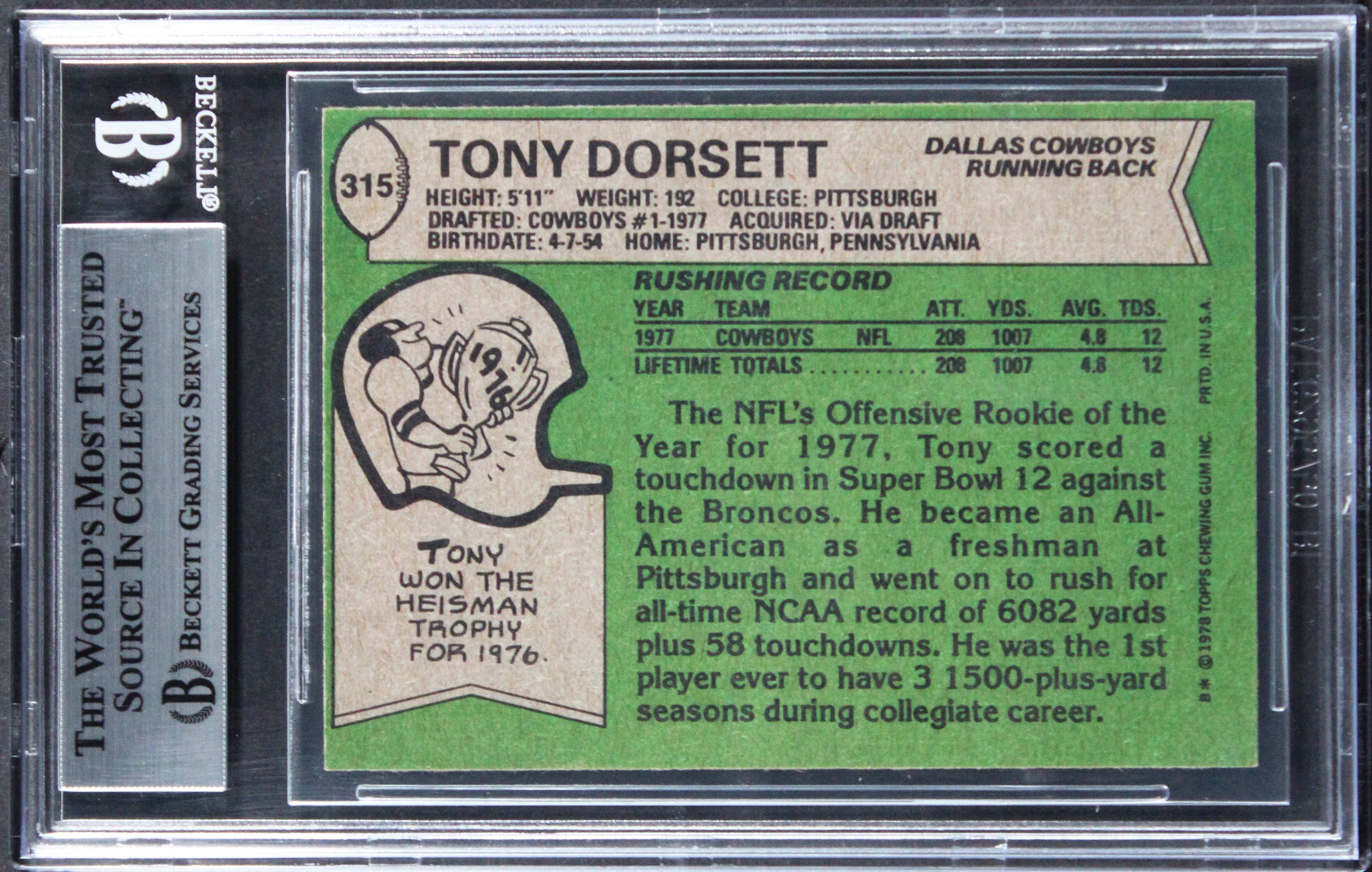Cowboys Tony Dorsett "ROY 77, HOF 94" Signed 1978 Topps #315 RC Card BAS Slab 4