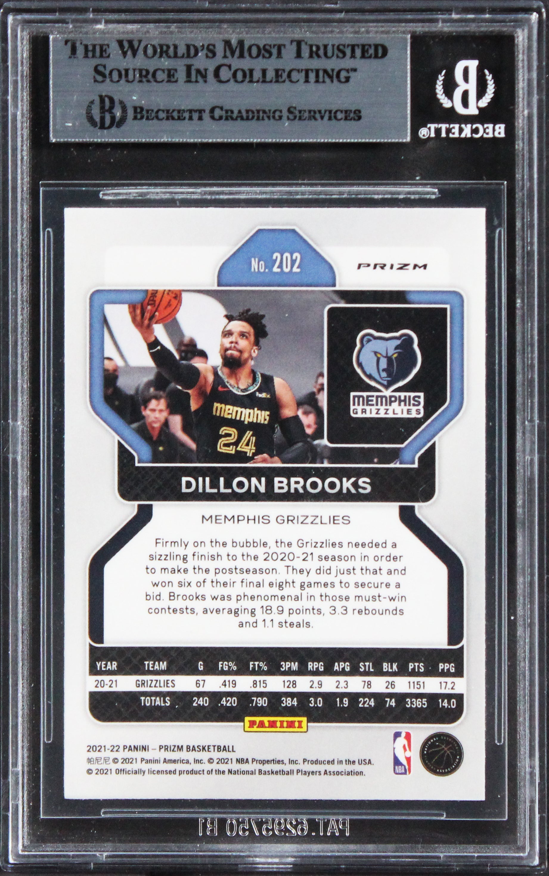 Grizzlies Dillon Brooks Signed 2021 Panini Prizm RWB #202 Card BAS Slabbed