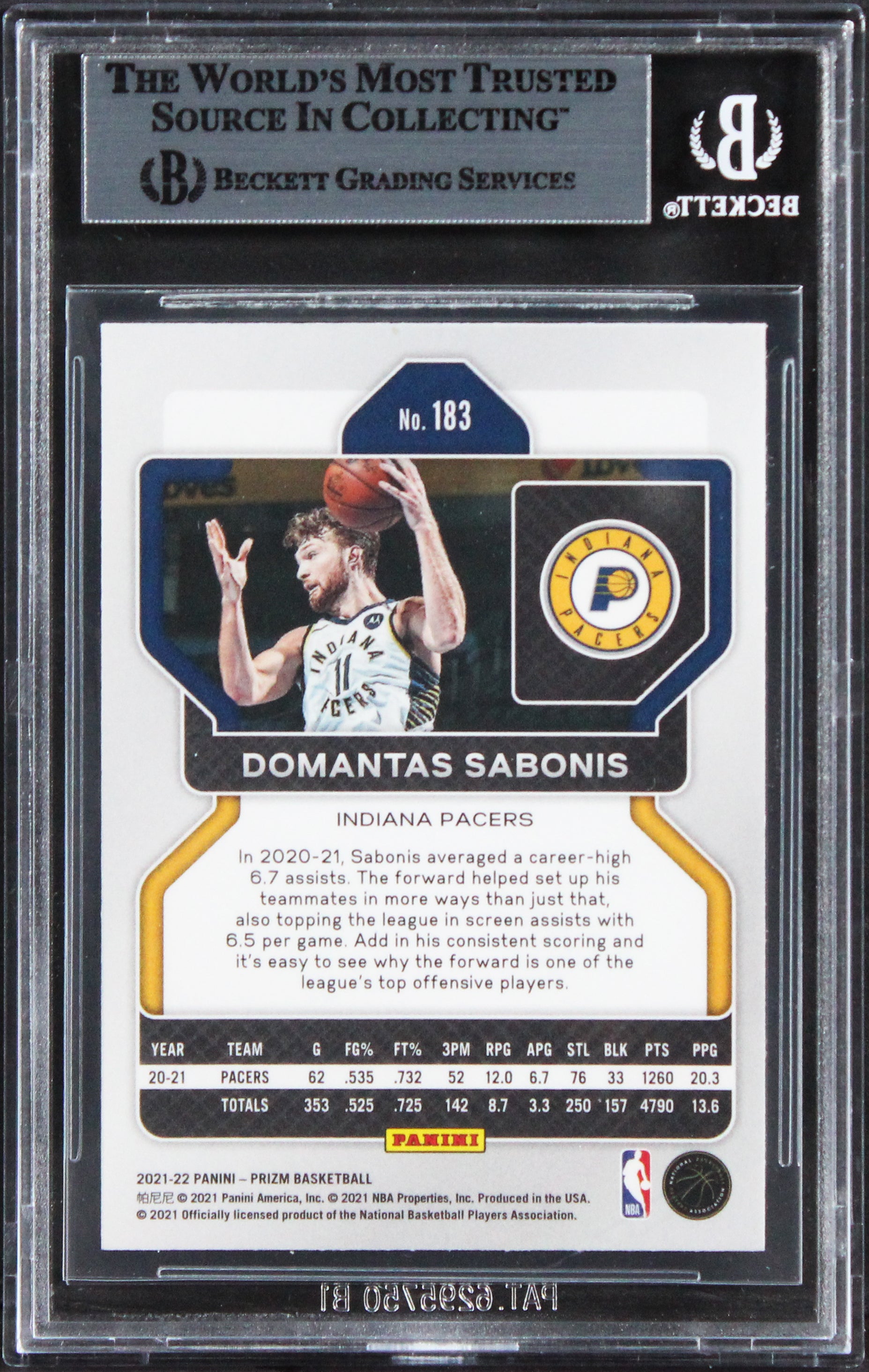 Pacers Domantas Sabonis Authentic Signed 2021 Panini Prizm #183 Card BAS Slabbed