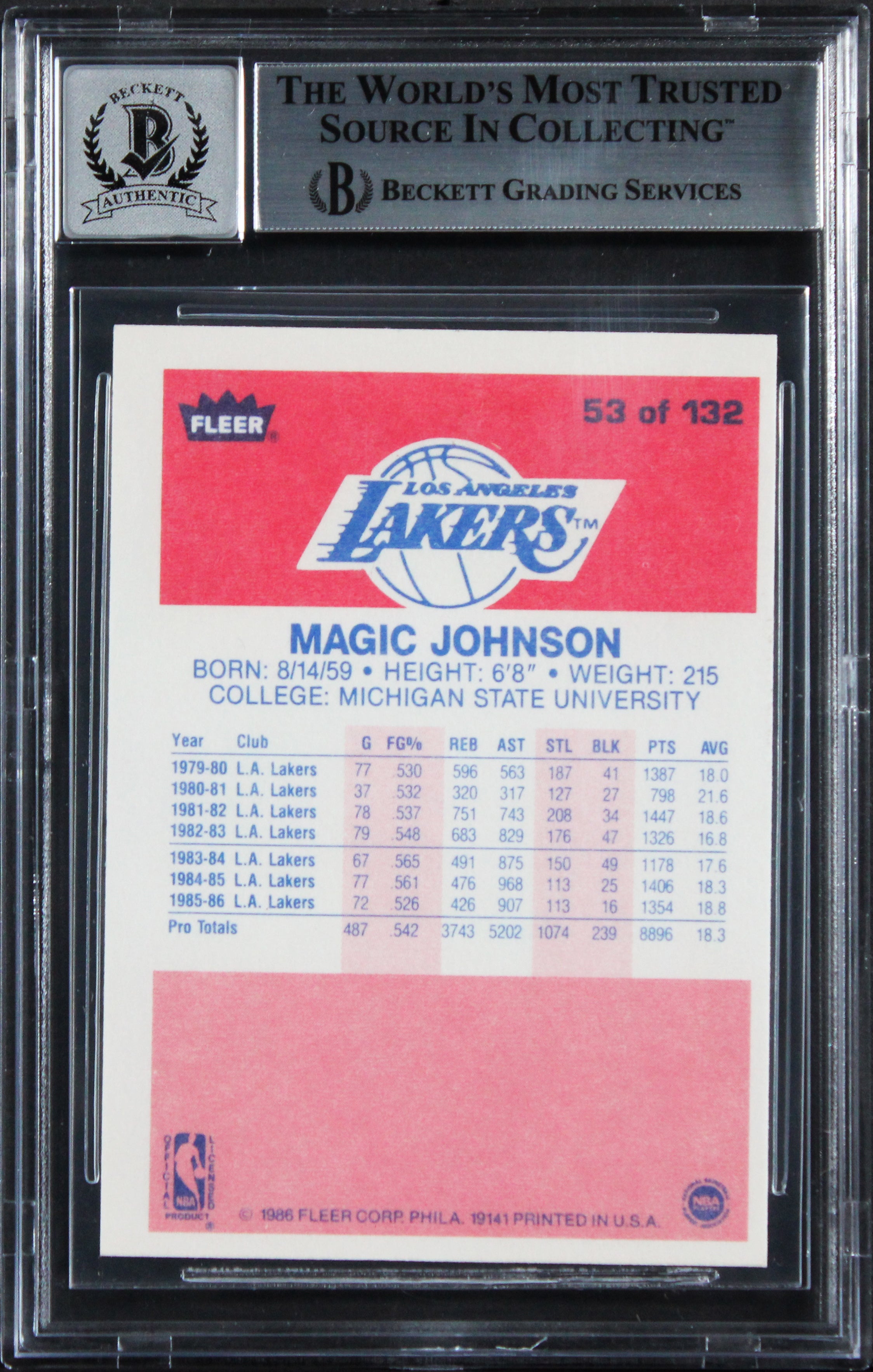 Lakers Magic Johnson "HOF 02" Signed 1986 Fleer #53 Card Auto 10! BAS Slabbed 4